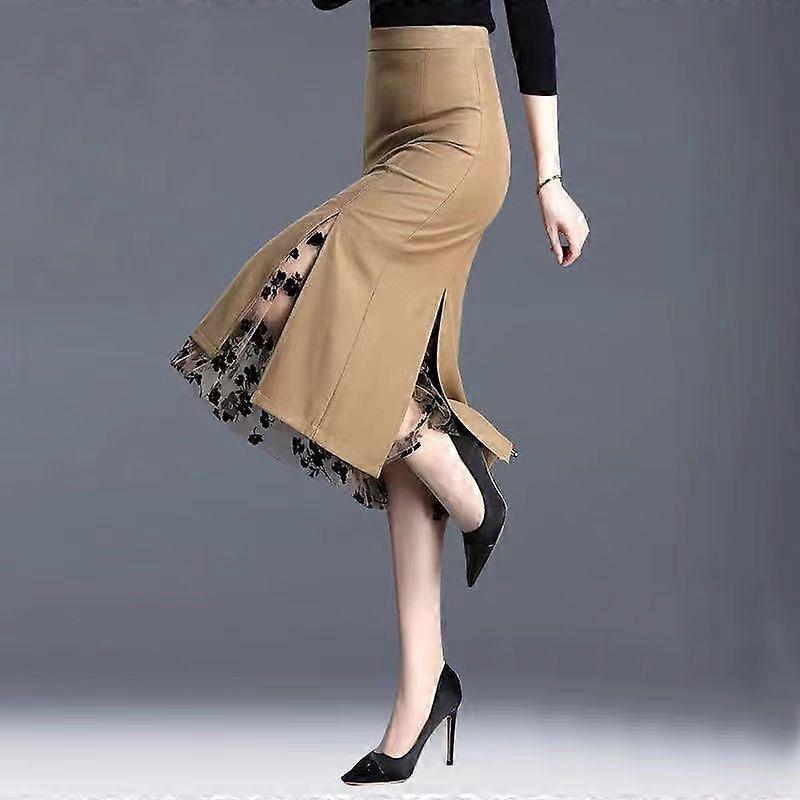 Women Spring Summer Irregular Mesh Skirt Band Splice High Waist Skirt Knee Khaki Split Office Lady Skirt