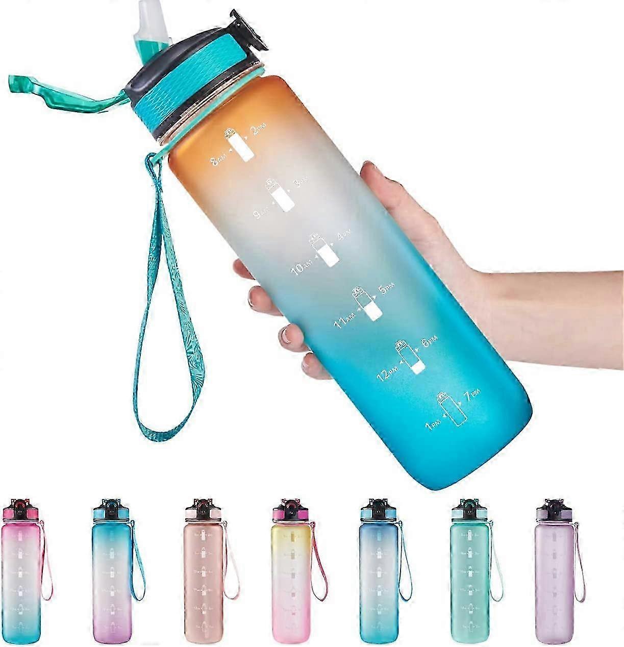 Water Bottle, Gradient - Colored, with Time - Marked Scale, Leak - Proof, Straw Lid, and Carry Strap