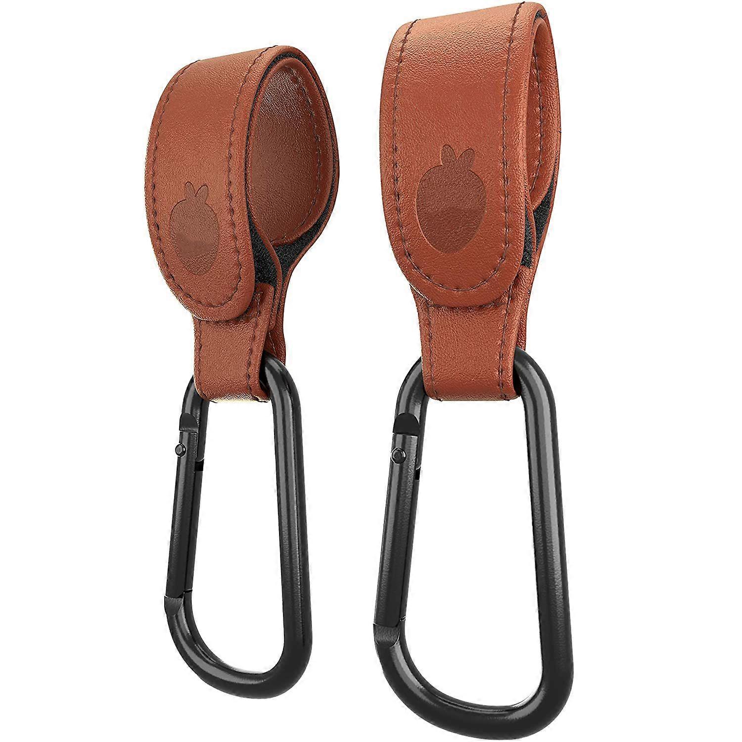 Brown Stroller Hooks - Premium Leather Style Stroller Clip Straps