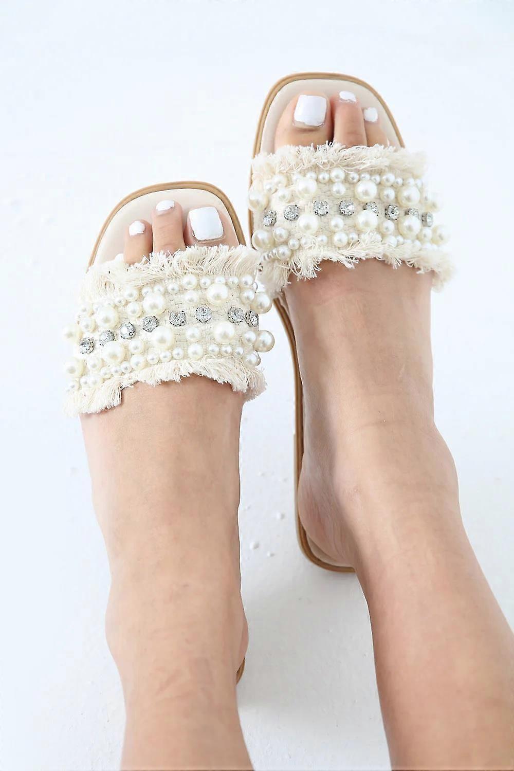 H.O.S Women's HY33 White PU Diamante Studded Slip On Sliders