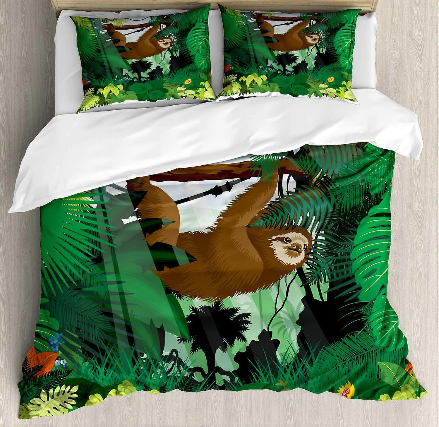 Vibrant Exotic Rainforest Duvet Cover Set with Various Plants and Sloth Hanging on a Tree Wildlife Decorative King Size