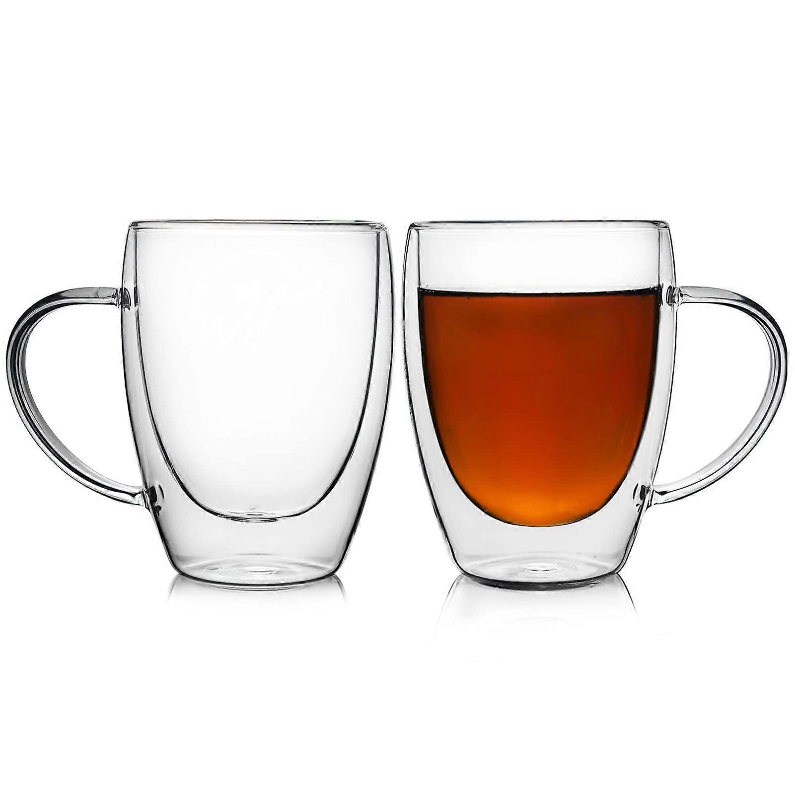 350ml Double Walled Glass Mug Set of 2 for Hot Drinks, Thermal Insulated Coffee Cups with Handle, Heat Resistant Espresso Latte