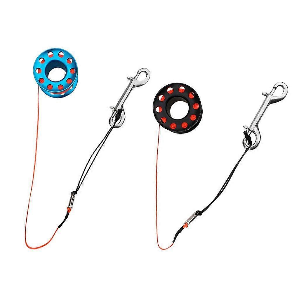 2x Scuba Dive Reel Aluminum Alloy Finger Spool with 15m Line and Bolt Snap, Black + Blue, Compact and for Technical and Cave Diving