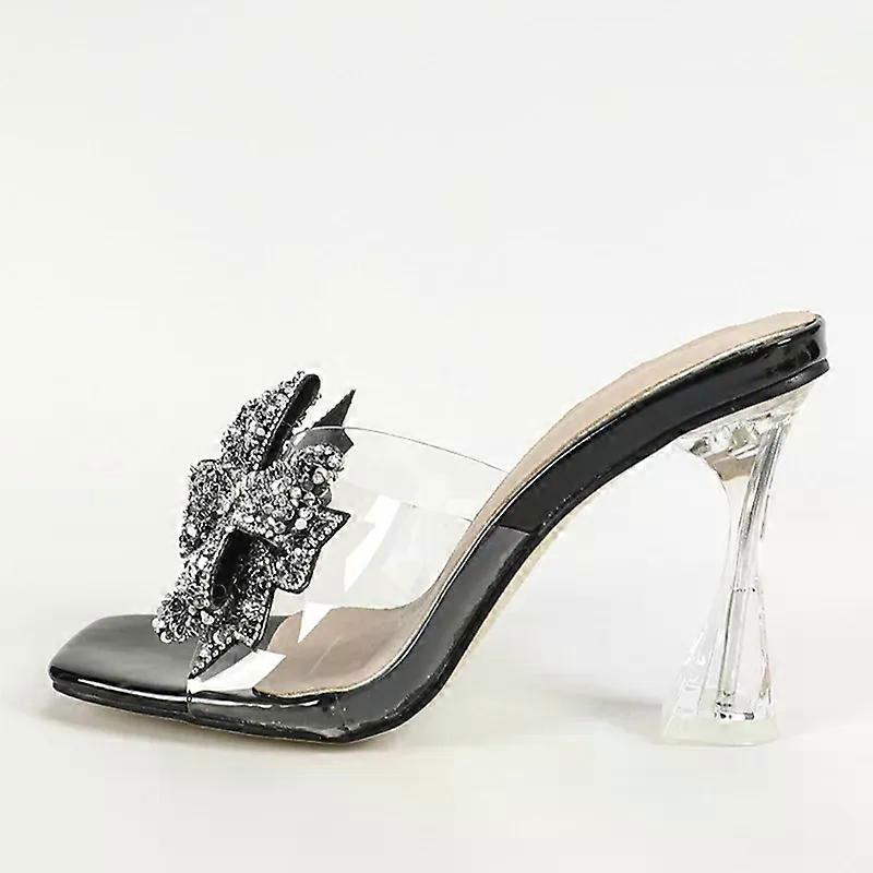 Fashion Silver Sequined Butterfly Knot Women Transparent Slippers Summer Square Toe Clear High Heels Sandals Female Shoes