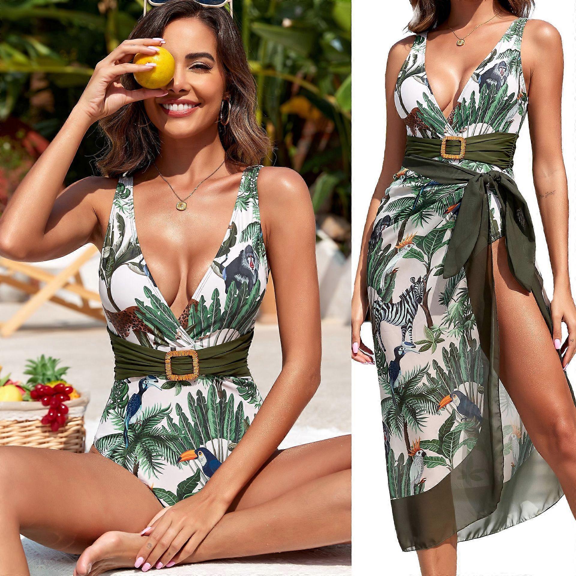 Tropical Print Swim Set Jungle Style Bikini with Belted Cover-Up Look