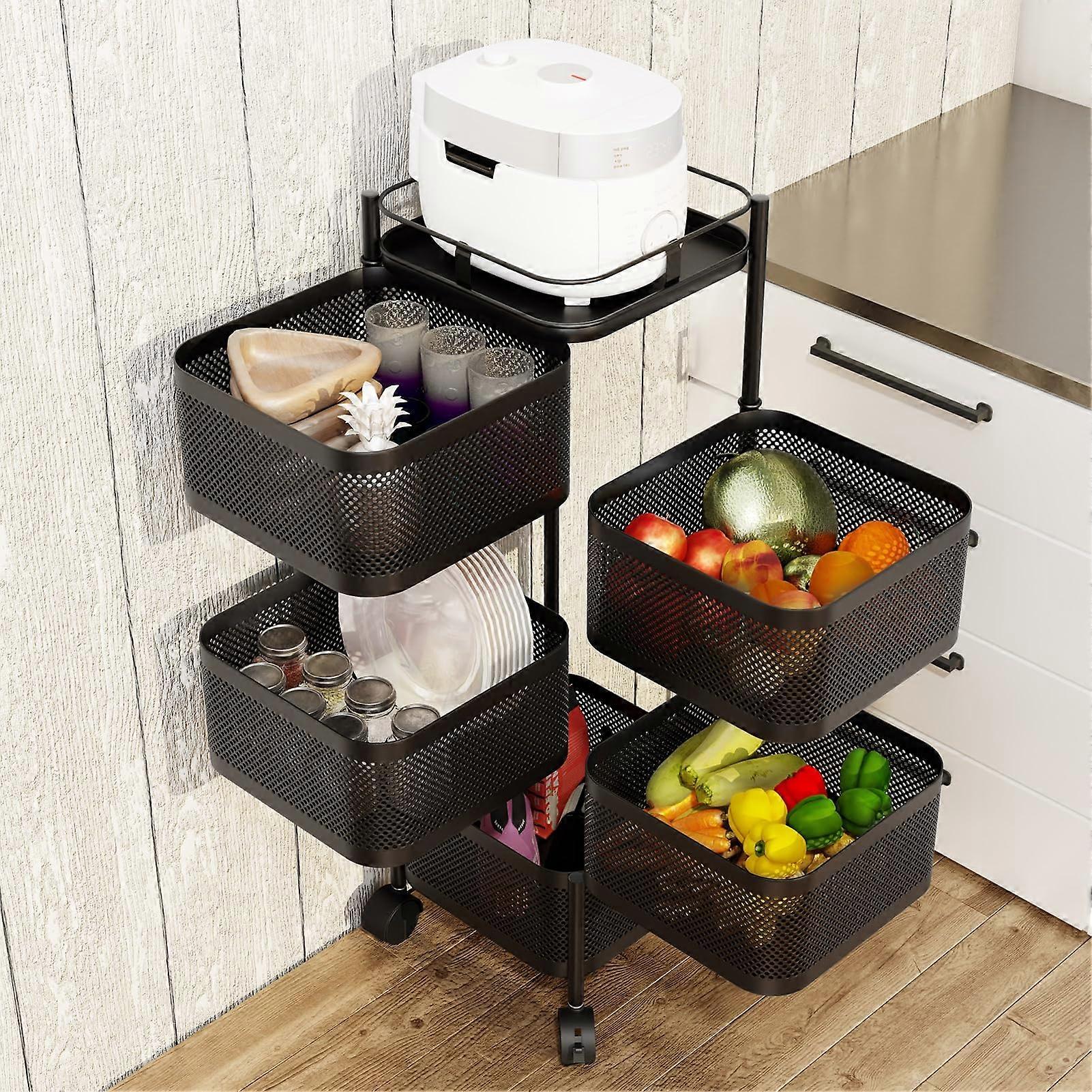 Fruit and Vegetable Basket Bowls for Kitchen with Metal Top Lid, 5 Tier Rotating Storage Rack Cart