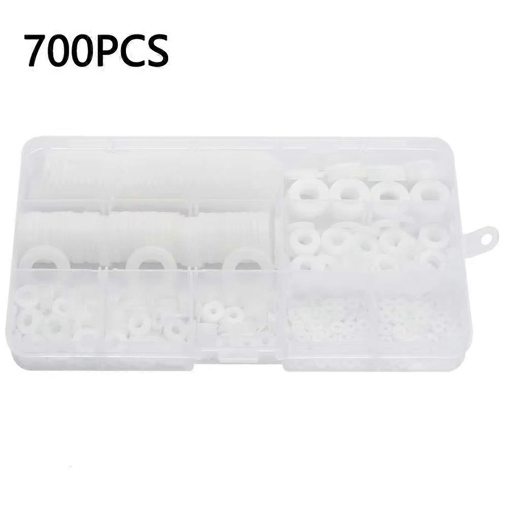 700Pcs Set Nylon Washer M2-M12 9 Sizes Flat Gaskets Fasteners Assortment Kit - White