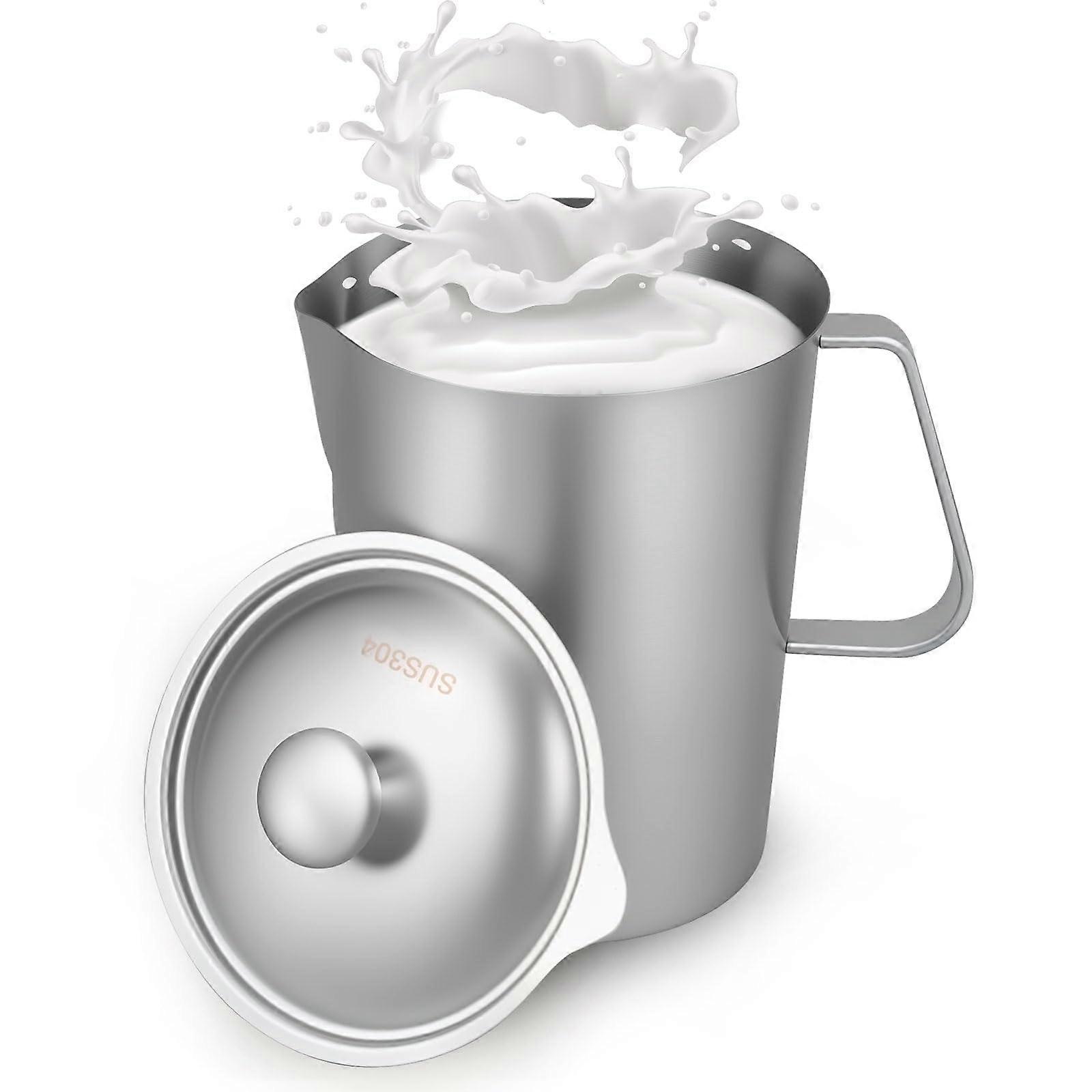 2L Stainless Steel Milk Frothing Pitcher, Handheld Milk Steaming Jug with Lid and Measurement Markings for Barista Cappuccino and Espresso, Silver