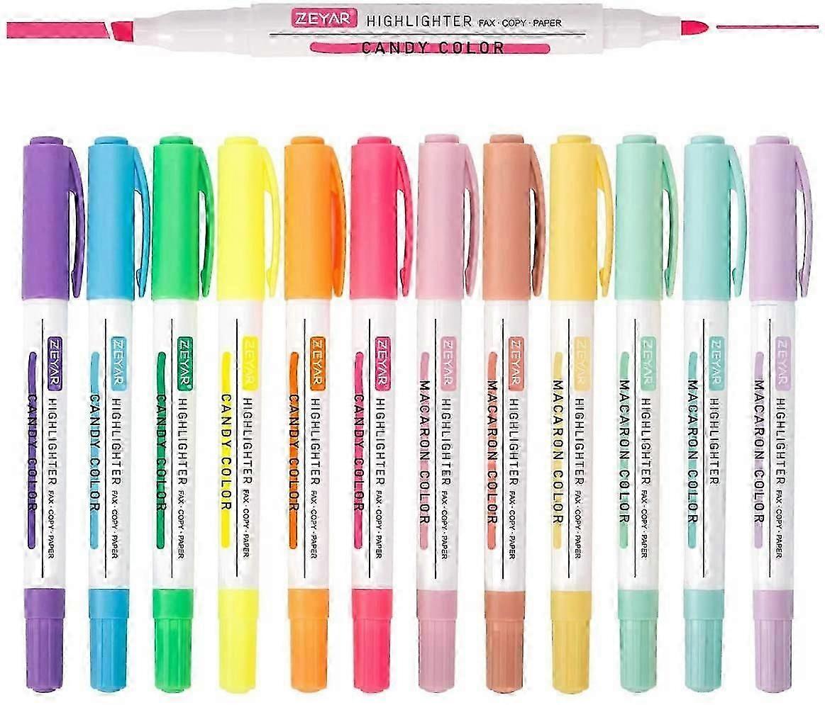 ZEYAR Highlighters, Dual Tips Marker Pen, Chisel and Fine Tips, 12 colors, Water Based, Assorted Colors, Quick Dry (12 colors)