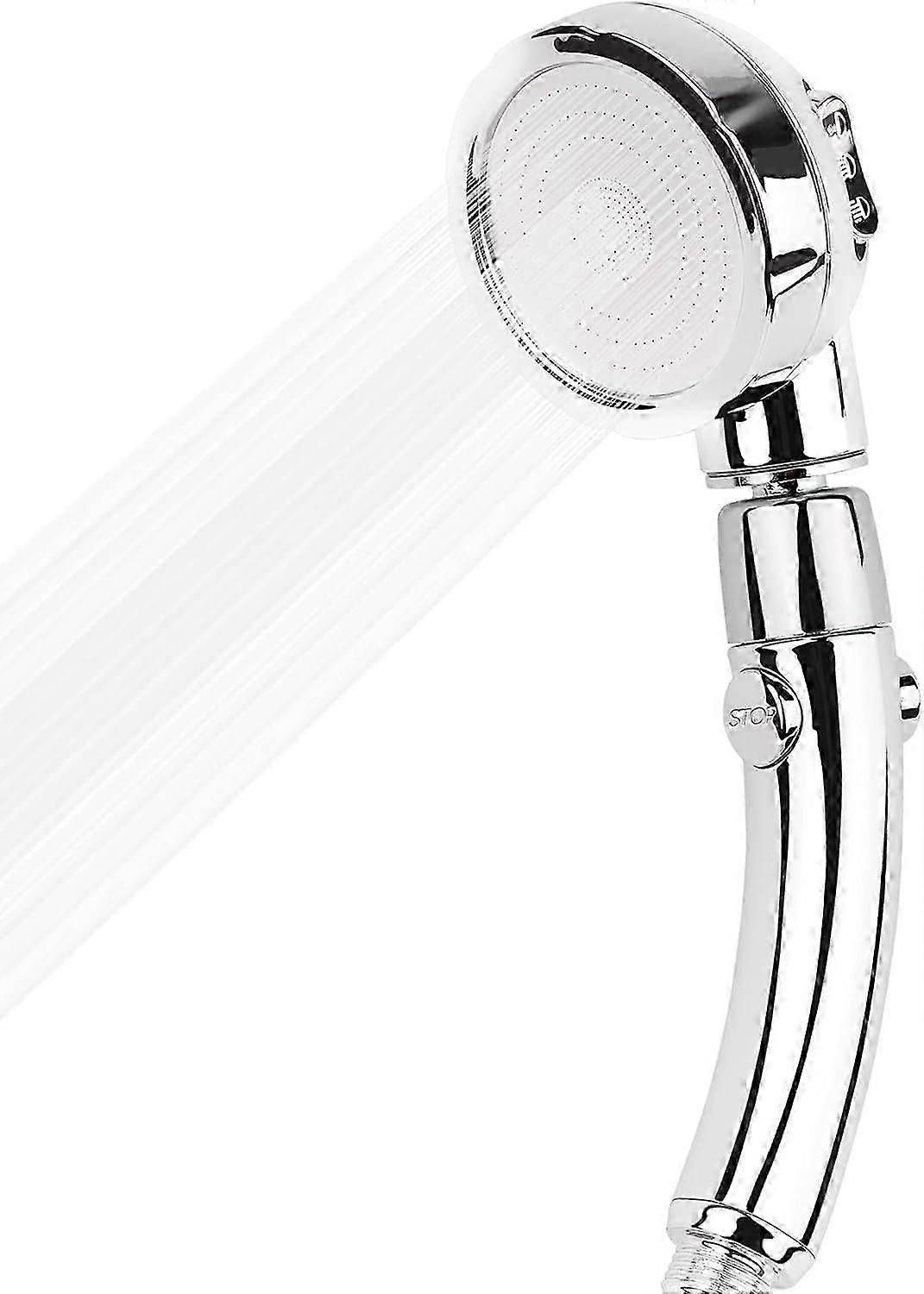 Hand shower featuring a start/stop button, three spray modes, 360-degree rotation, and a pressurized water-saving design suitable for variou