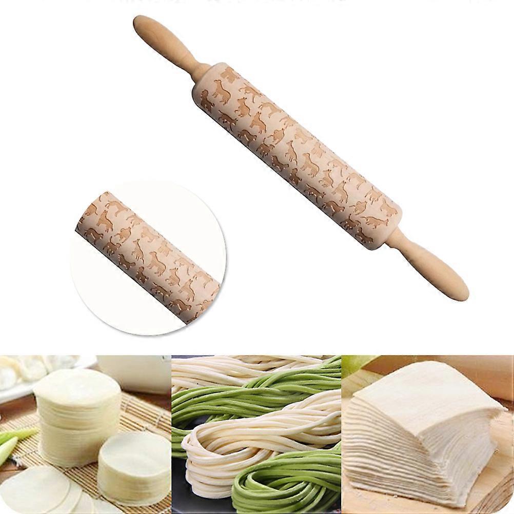 Cartoon Animal Pattern Rolling Pin Wood Rolling Pin For Diy Projects Baking Tool 35x4.5x4.5cm Pastry Preparation 1Set