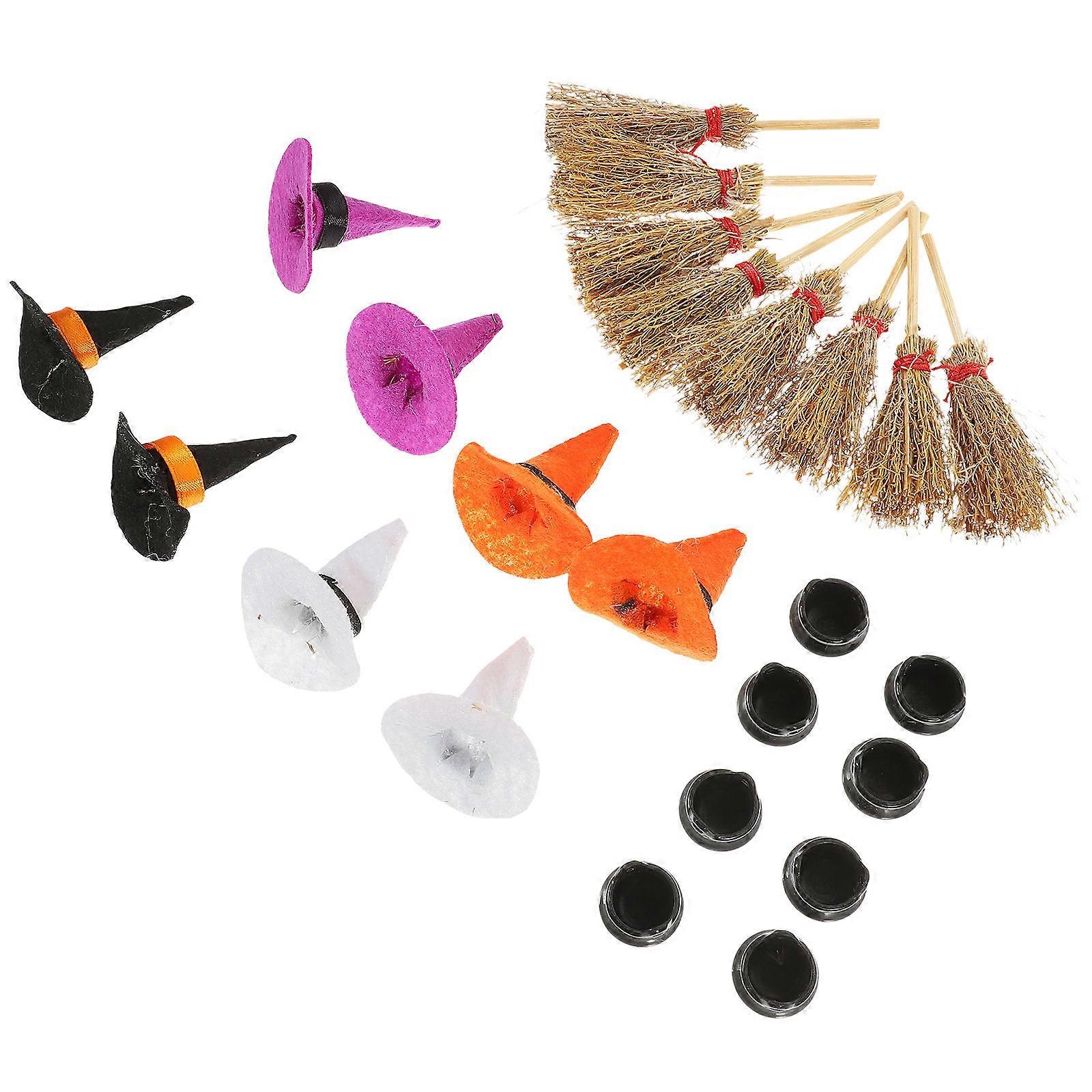 Halloween Mini Broom and Cauldron Hat Set for Party Crafts, Cosplay, and Themed Event Decorations