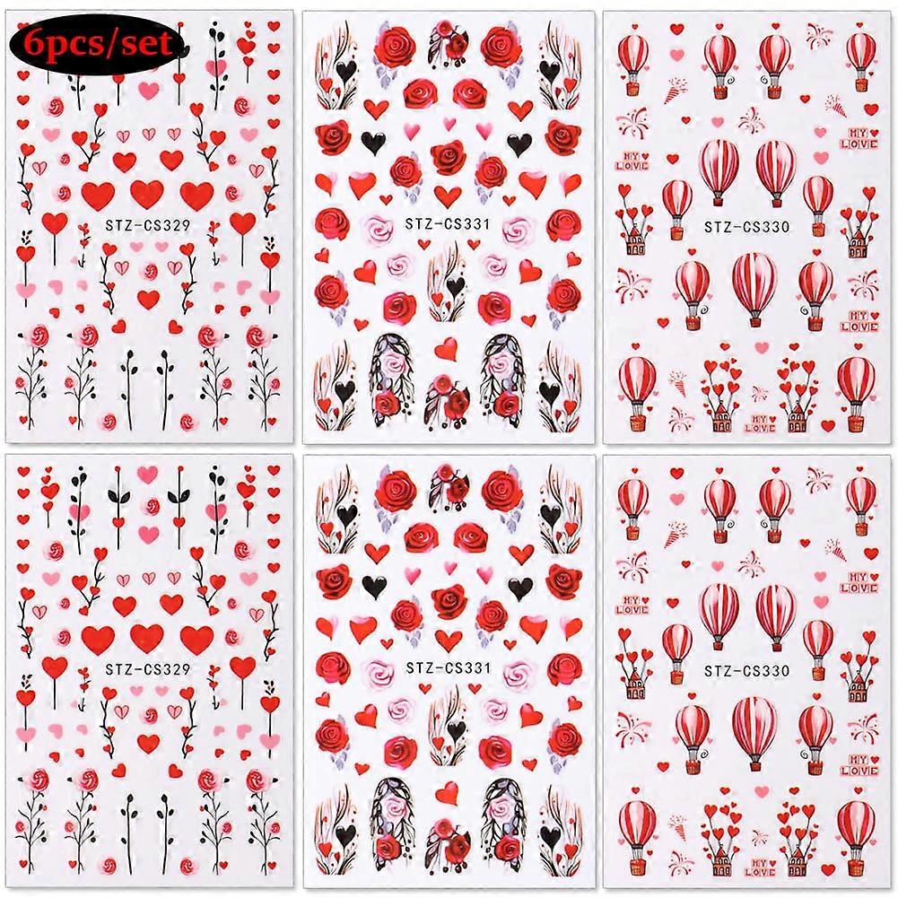 6個のバレンタインデーネイルアートデカール赤いハートネイルステッカーとローズバルーンデザイン3D粘着ネイルアート用品バレンタインネイルデコレーション