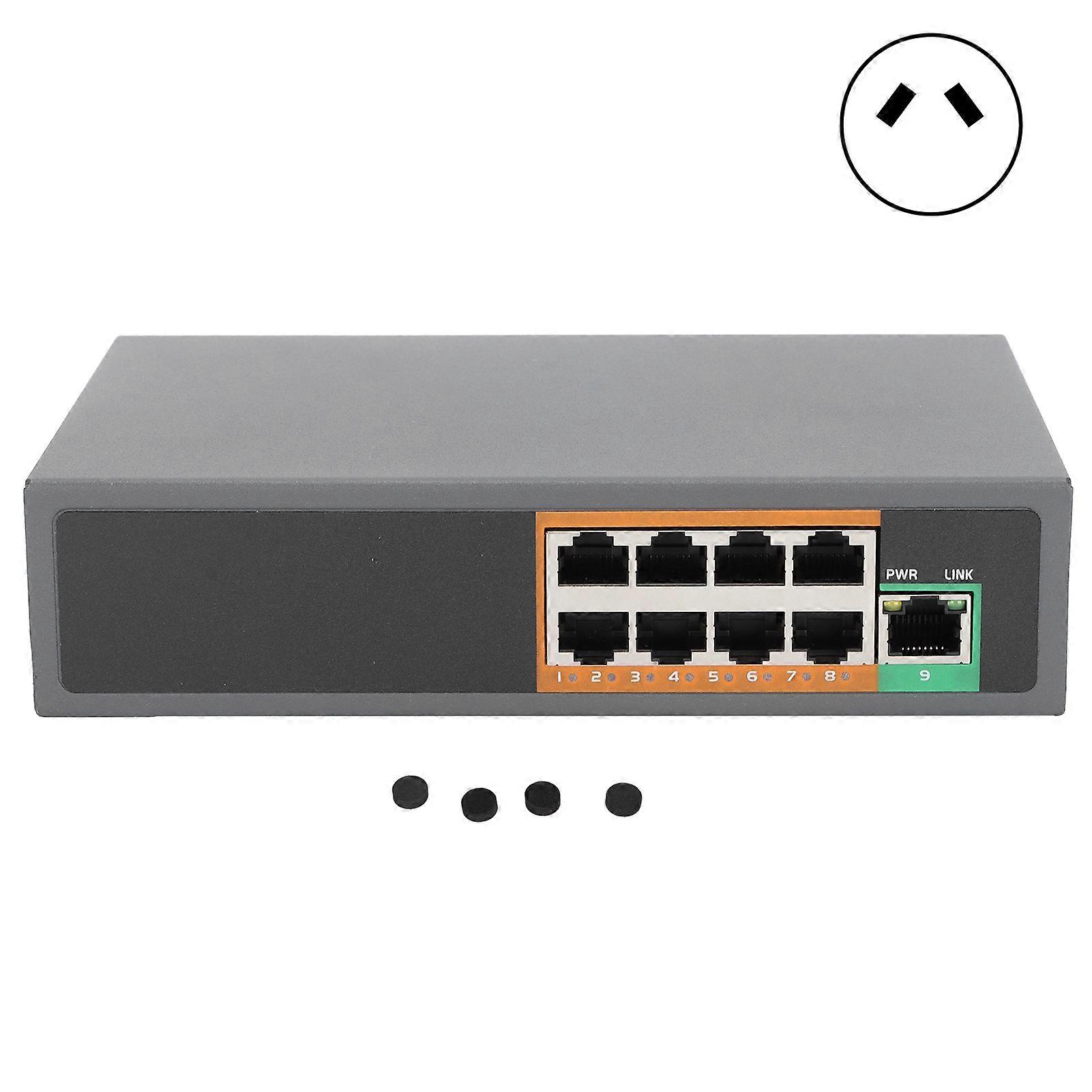 9-port POE switch, 100-240V, Gigabit Ethernet adapter for IP cameras.
