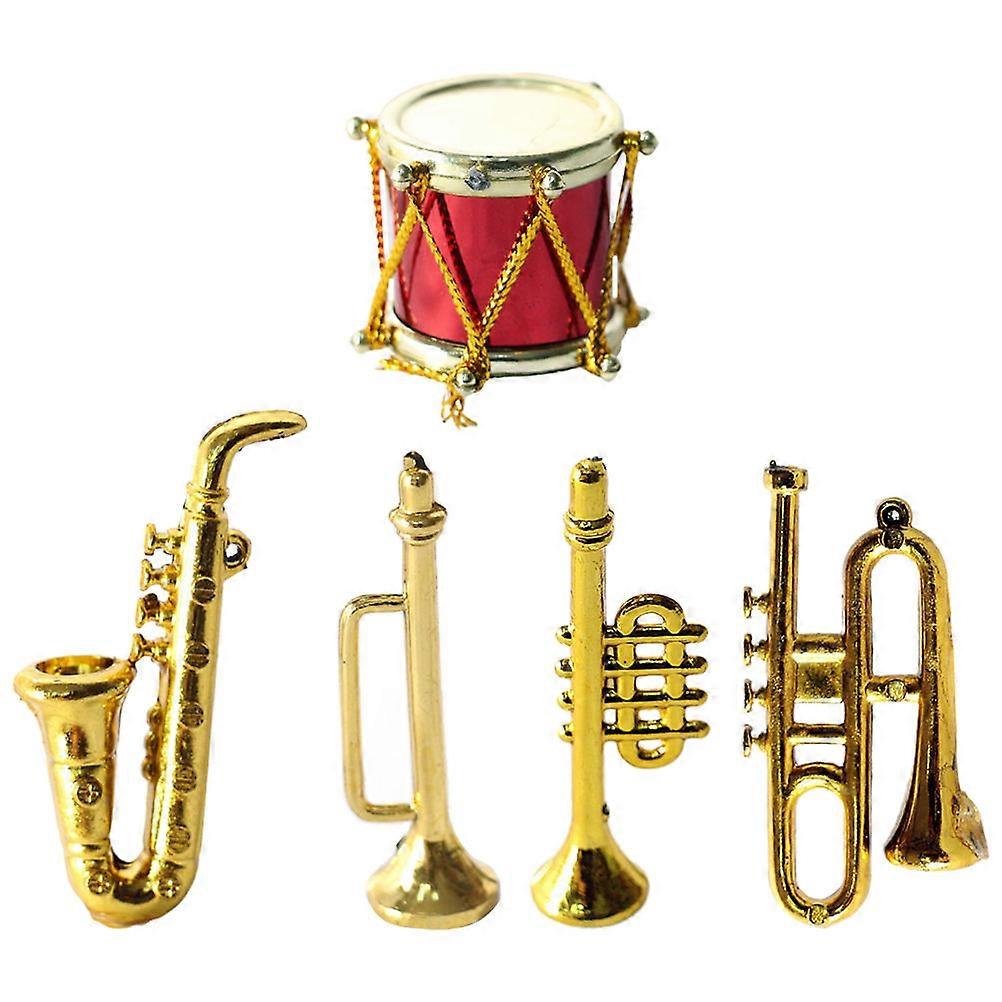1 Set Miniature Classical Instrument Dollhouse Props with Saxophone, Trumpet & Drums for Decorative Display and Photo Shoots in Miniature Scenes