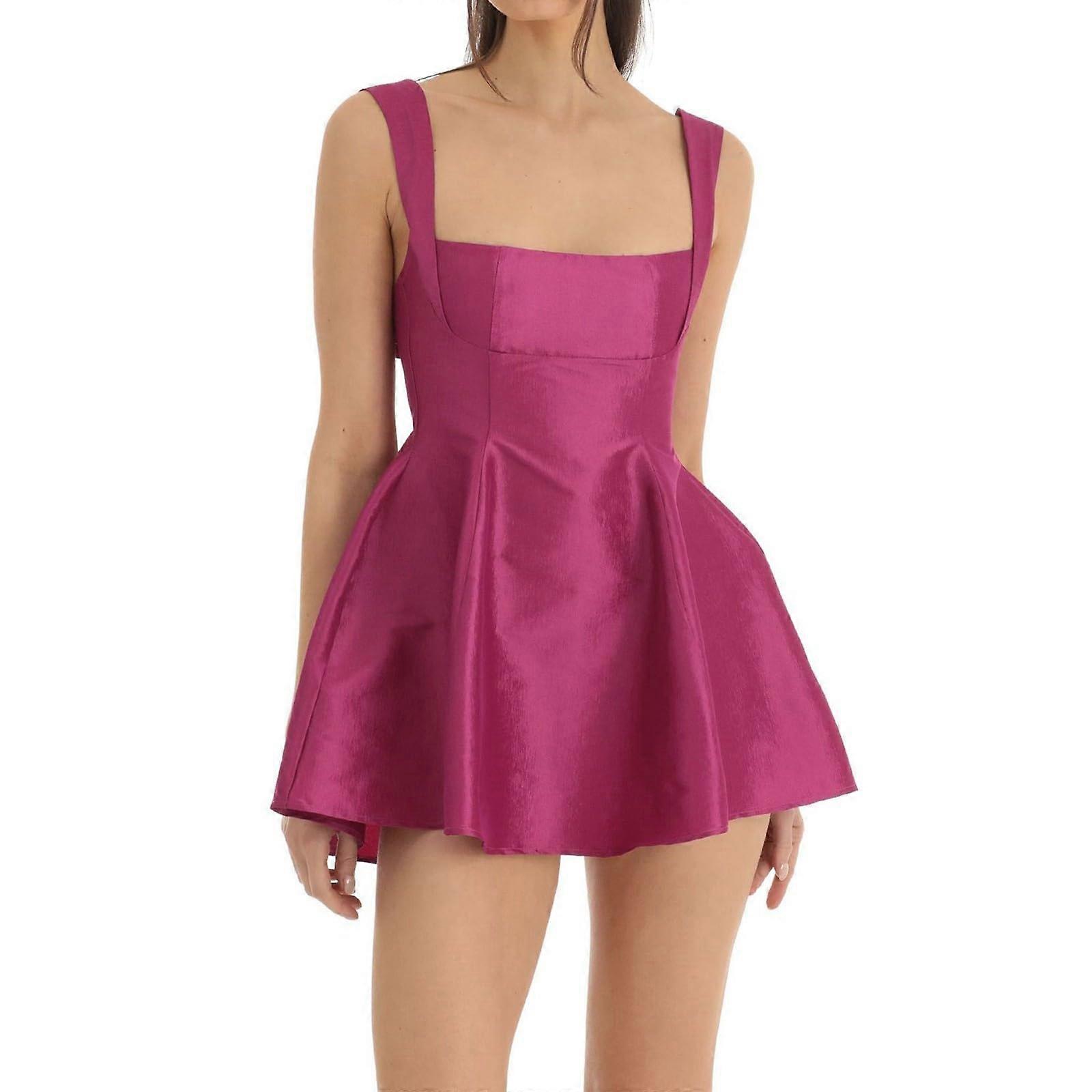 TER Dress Women's Elegant Solid Color Midi Dress with Woven Waist Bow Linen A-Line Casual Spaghetti Straps Red Size S