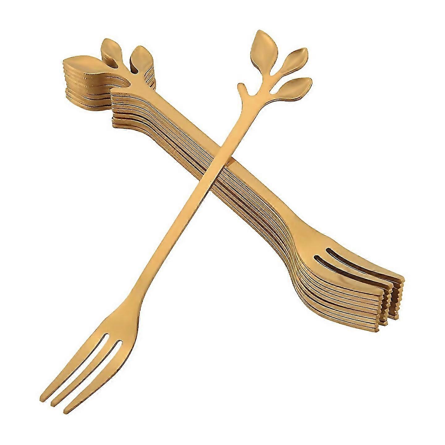 适用于 10 件不锈钢叶蛋糕水果叉套装甜点叉金色