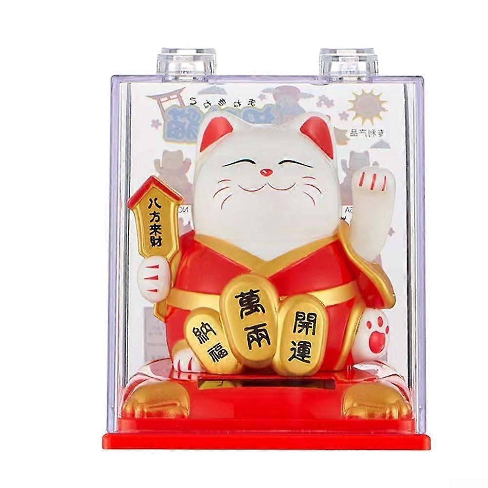 Whimsical Automatic Waving Kitten Figurine Solar Powered Desk Companion Red Colorful Home Decor 5 Inch