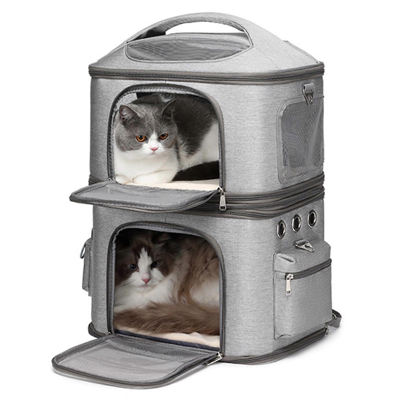 Double Cat Carrier Backpack, Detachable Dual Pet Carrier with Breathable Mesh, Comfortable Shoulder Protection, Grey