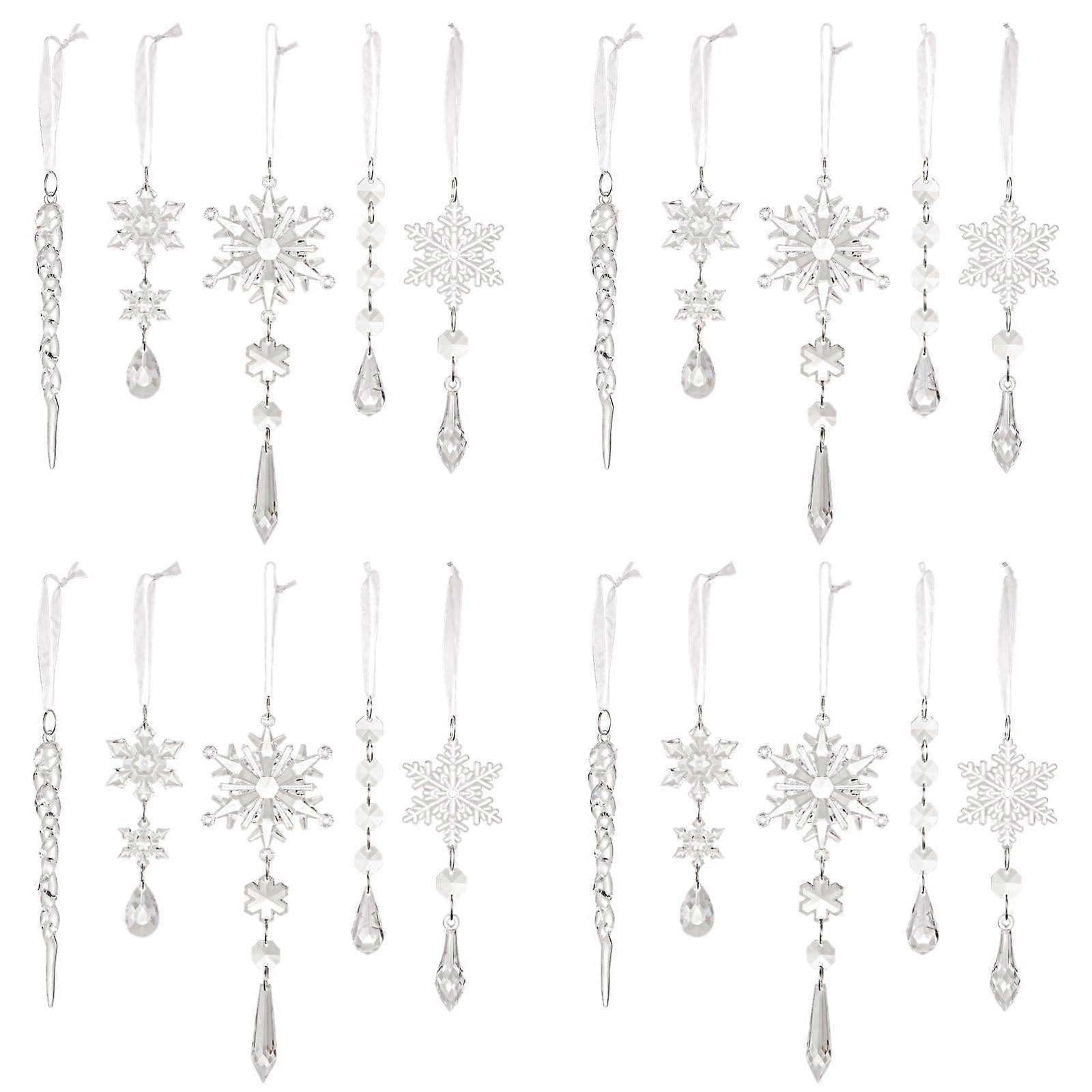 20 Clear Acrylic Snowflake and Icicle Hanging Ornaments - 5 Elegant Designs with Ribbons for Christmas, Weddings, and Parties