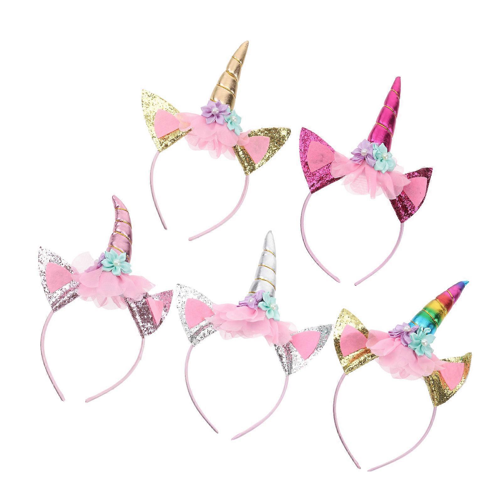 Enfeites de cabelo para meninas, faixa de cabeça de unicórnio com desenho de desenho animado, acessórios de cabelo para crianças, cor prata, ouro rosa, conjunto com 5 peças