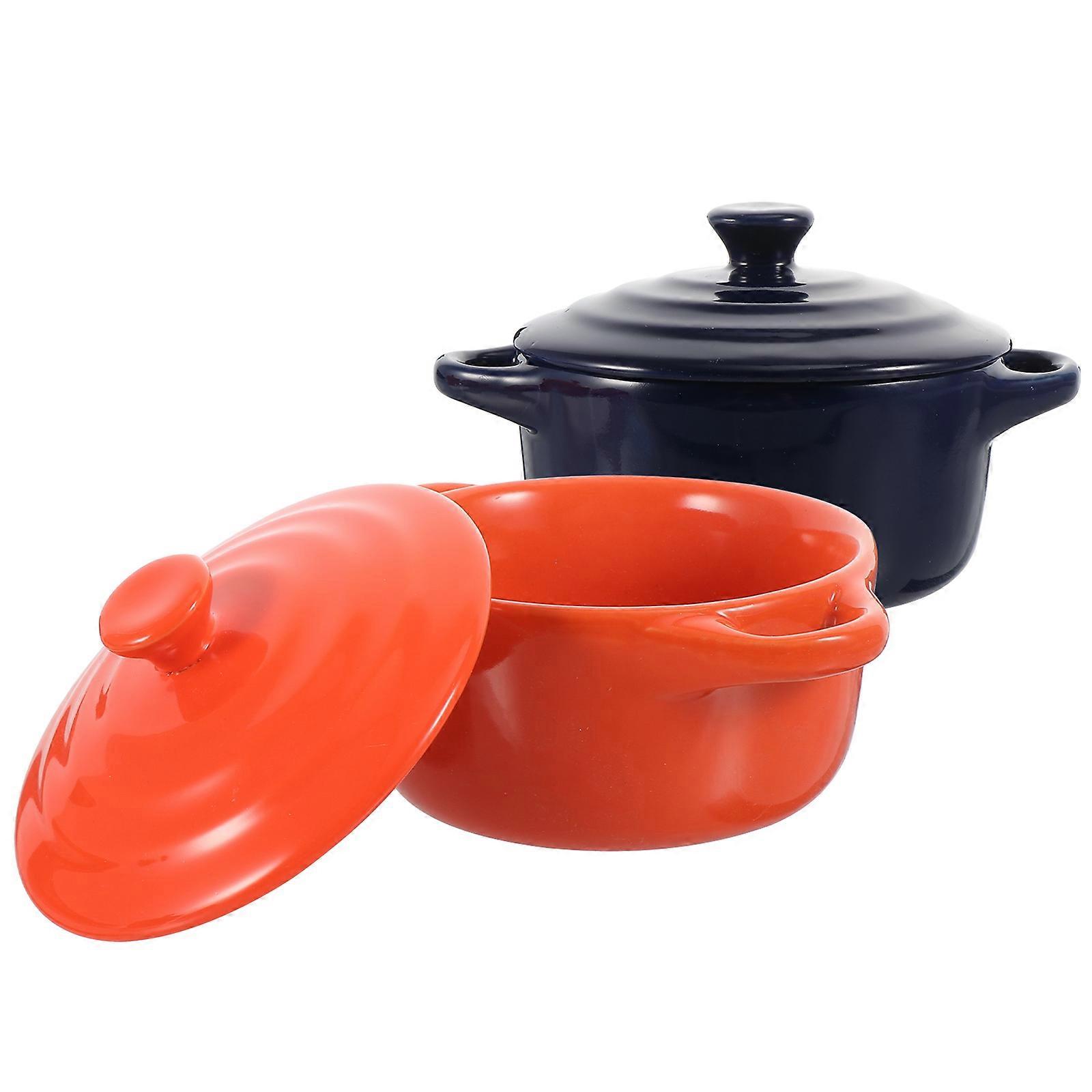 2Pcs Thickened Ceramic Food Bowls With Lid Ideal For Home Use Double Handle Insulation And Round Design