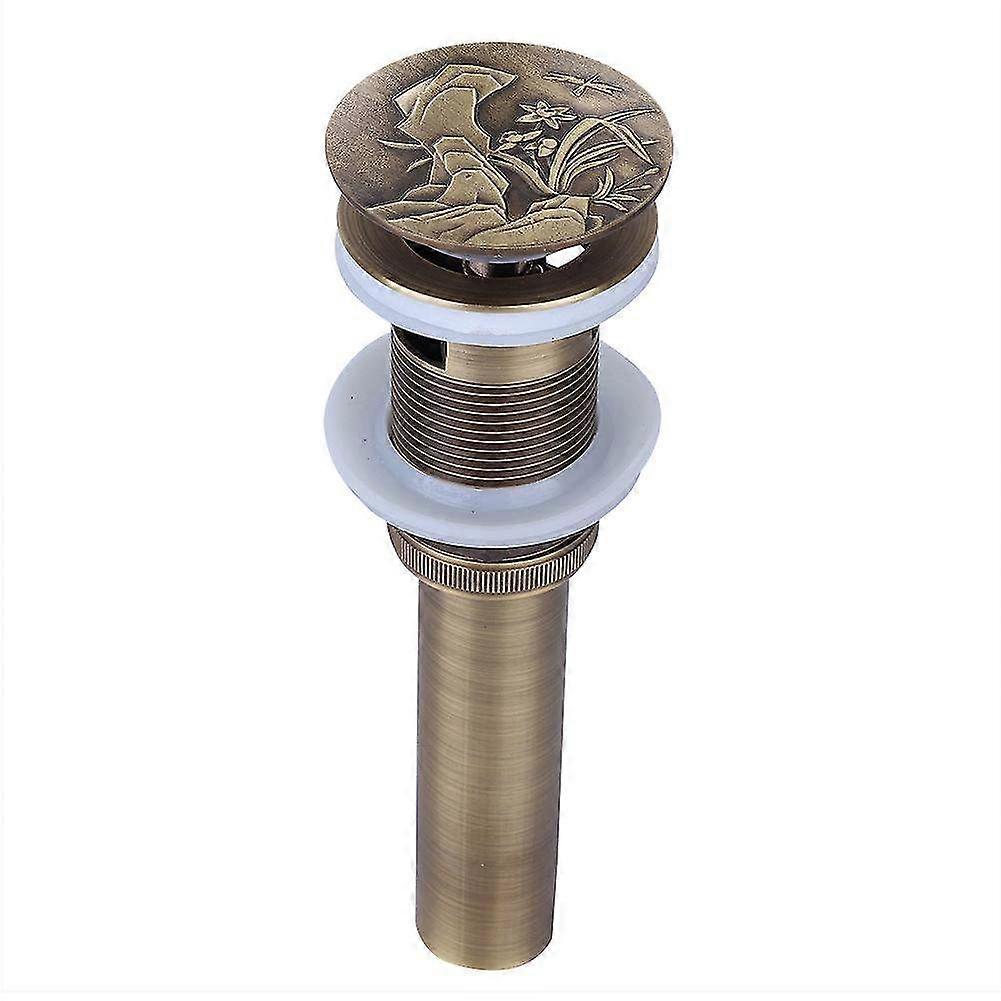 Antique Brass Carved Bathroom Basin Water Pop-Up Drain Stopper with Overflow - Elegant Orchid Design for Sink Drainage Solutions