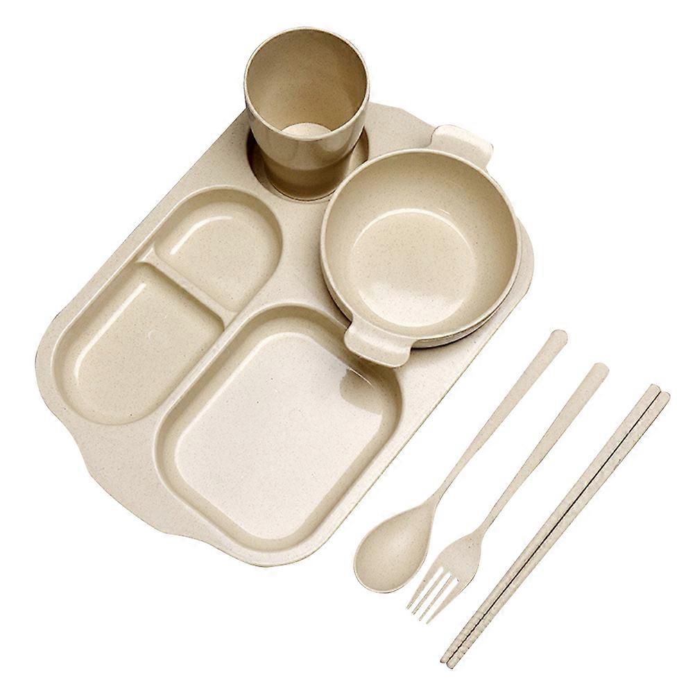 Microwave Safe Straw Kids Dinnerware Set Ideal For Children's Mealtime With Yellow Plate Bowl Cup Spoon Fork And Chopsticks 6Pcs