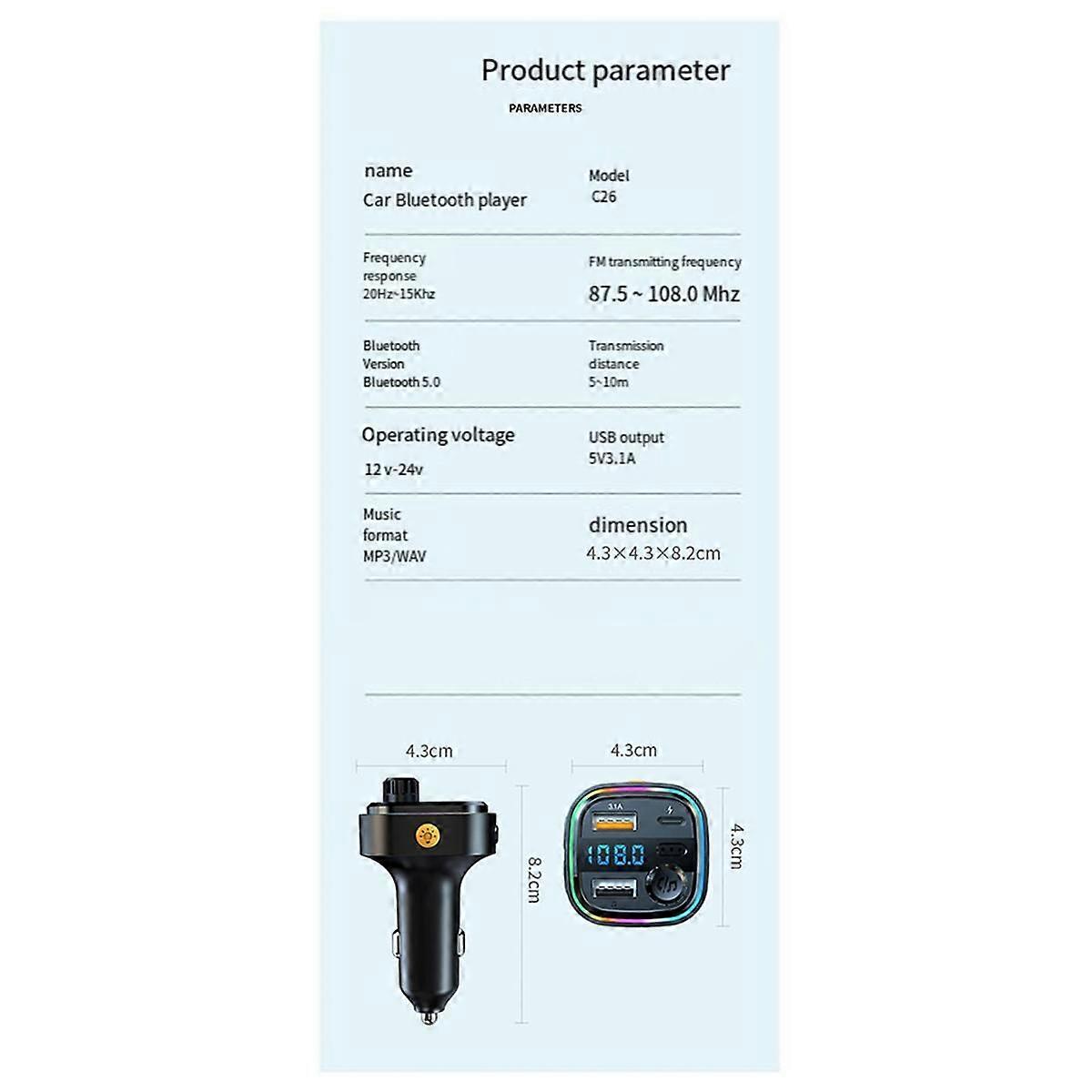 Bluetooth 5.0 FM Transmitter Car Radio Modulator MP3 Player with Colorful Atmosphere Breathing Light PD+USB Fast Charge