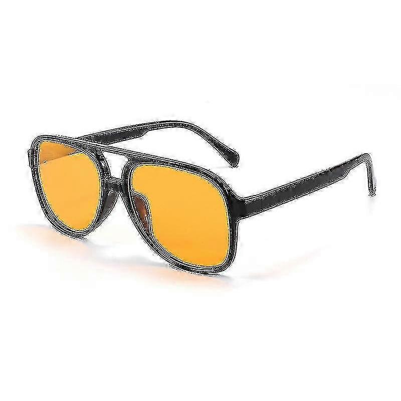 Classic 70's Aviator Sunglasses - Polarised Retro Double Bridge Frame (Unisex Black/Yellow)