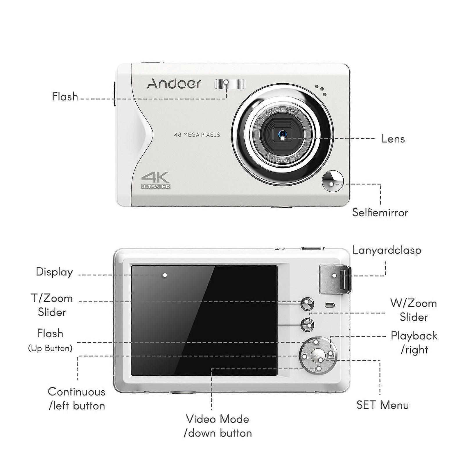 Andoer 3.0-inch TFT Portable 4K Digital Camera 48MP 16X Zoom Auto Focus Self-Timer Face Detection Anti-shaking with 2pcs Batteries Hand Strap Great Gi
