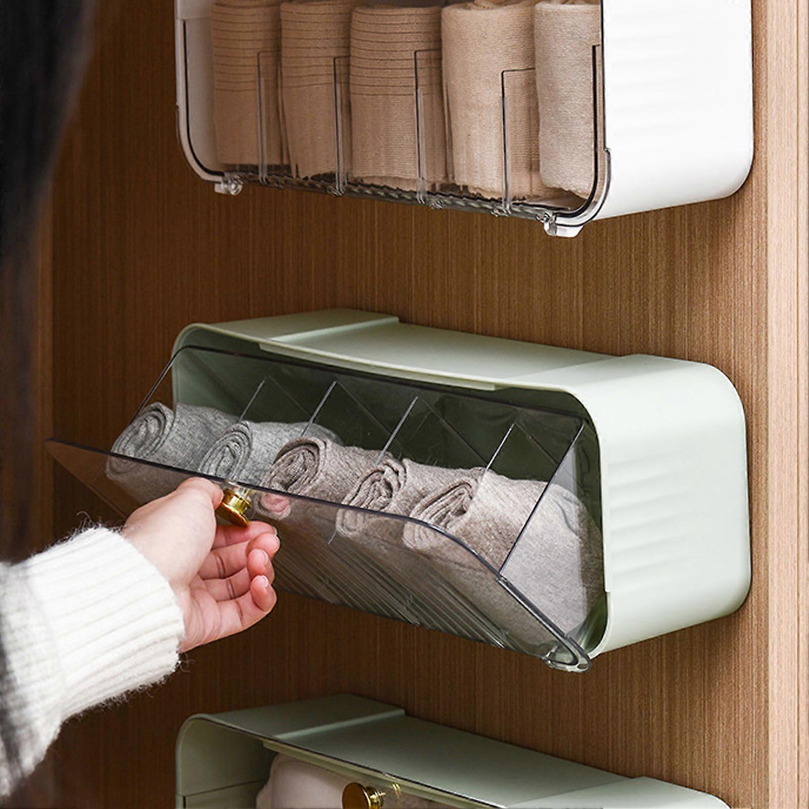 Transparent 6-Cell Sock Wall Mount Drawer Organizer, White PET
