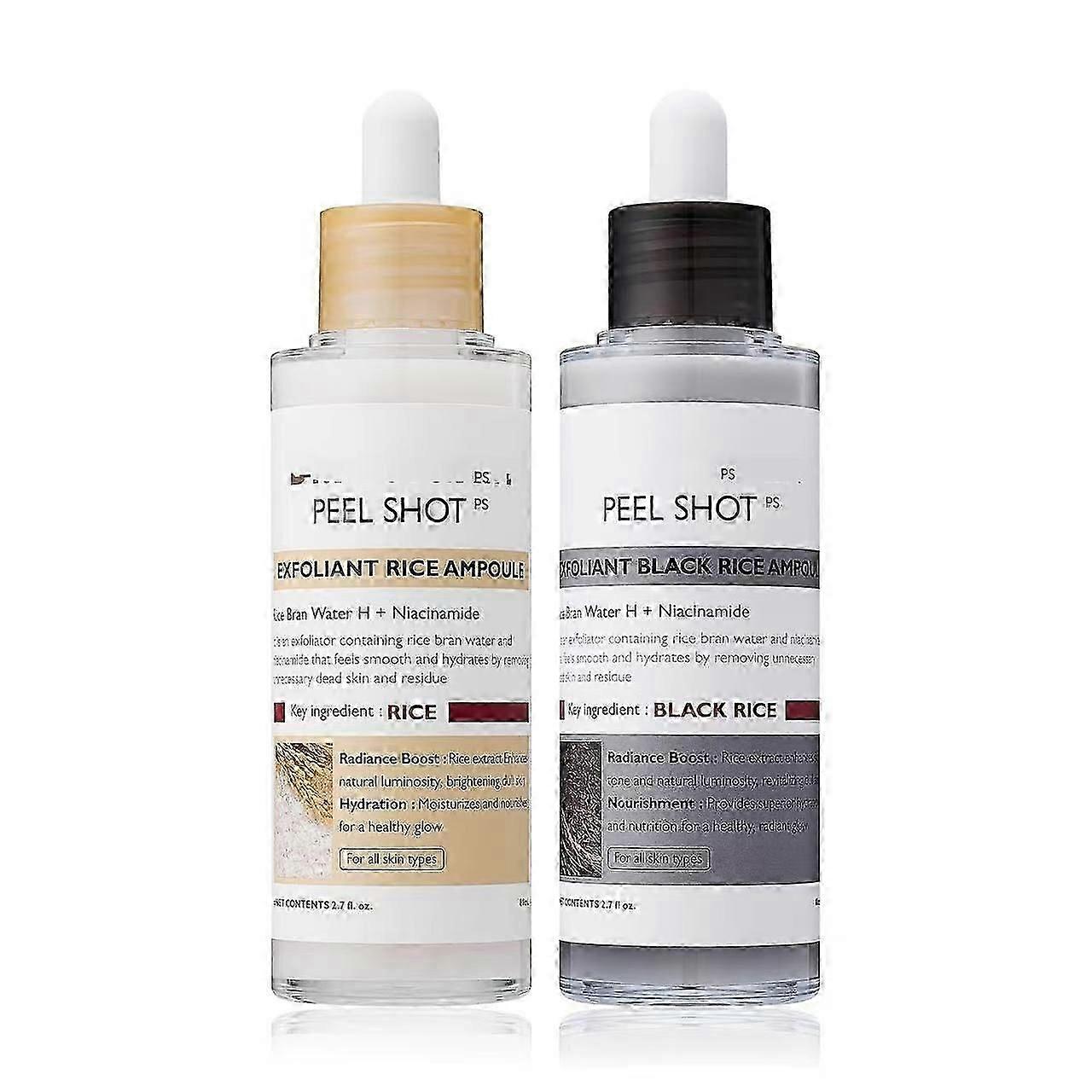 2PCS Peel Shot Glow Rice Ampoule, White rice ampoule+Black rice ampoule Soft Exfoliating Face and Body Scrub Dead Skin Cells, Blackheads Remover for A