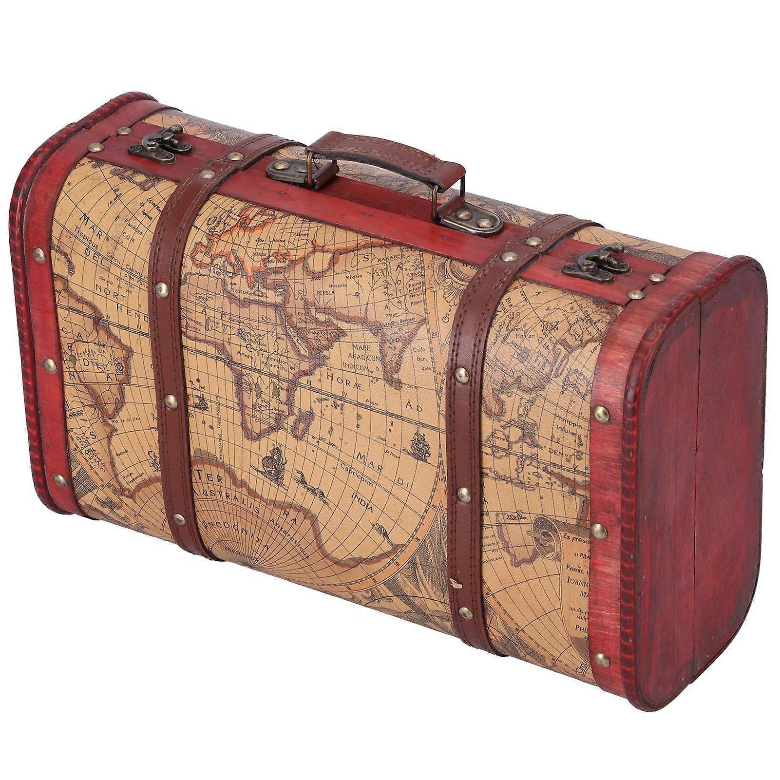 Vintage Suitcase Portable Composite Wood Map Pattern Design Vintage Storage Chest