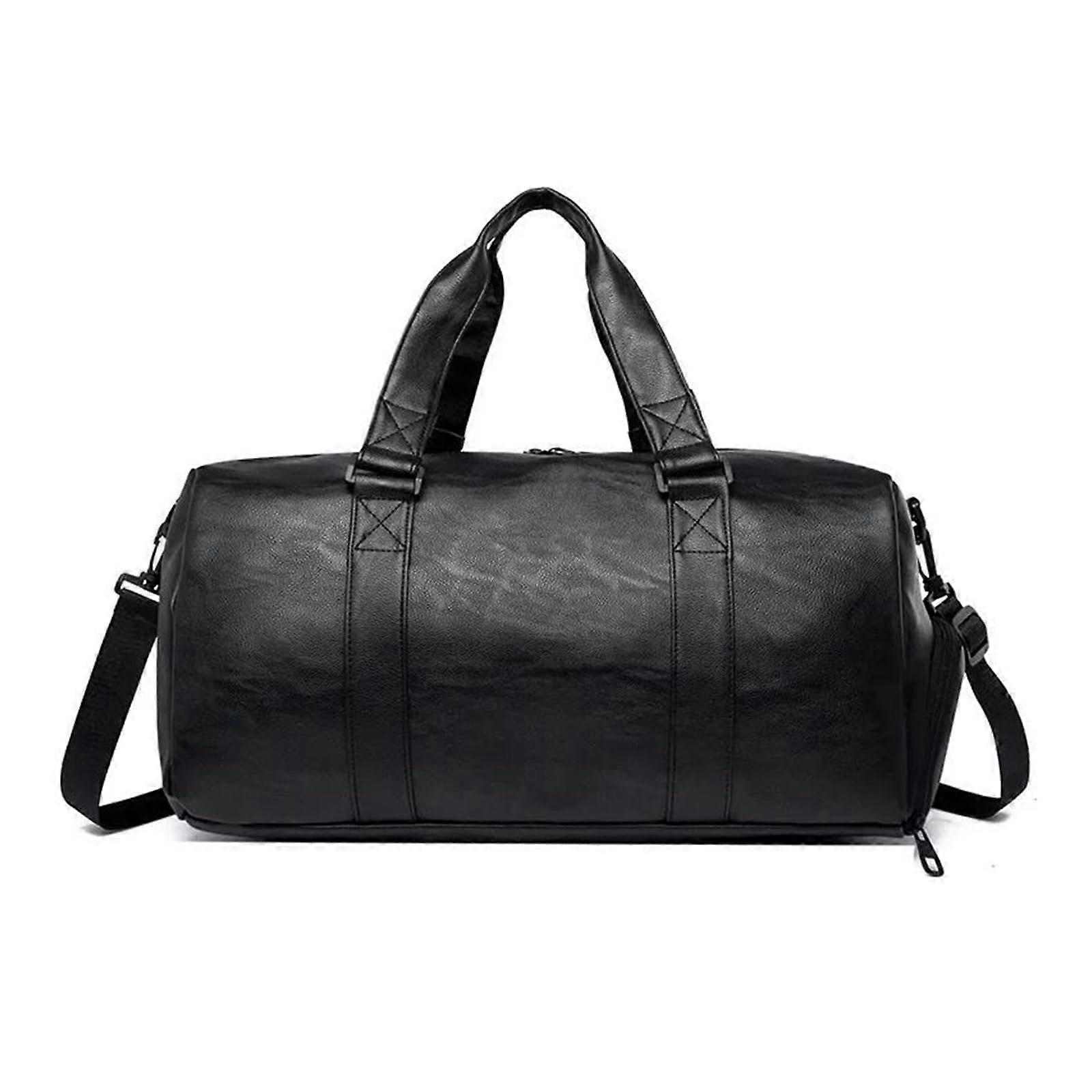 Travel Shoulder Bag Large Capacity Men Women Soft Leather  Matte Black Diamond Pattern Polyester Lining