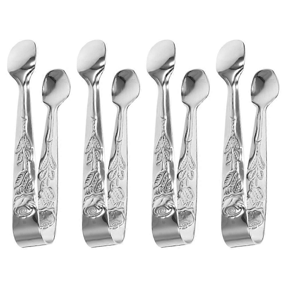 Reusable Stainless Ice Tong 4Pcs Food Serving Tool Sturdy Stainless Steel Ice Handling Tool Classic Mini Rose Pattern Design For Barbecue Use