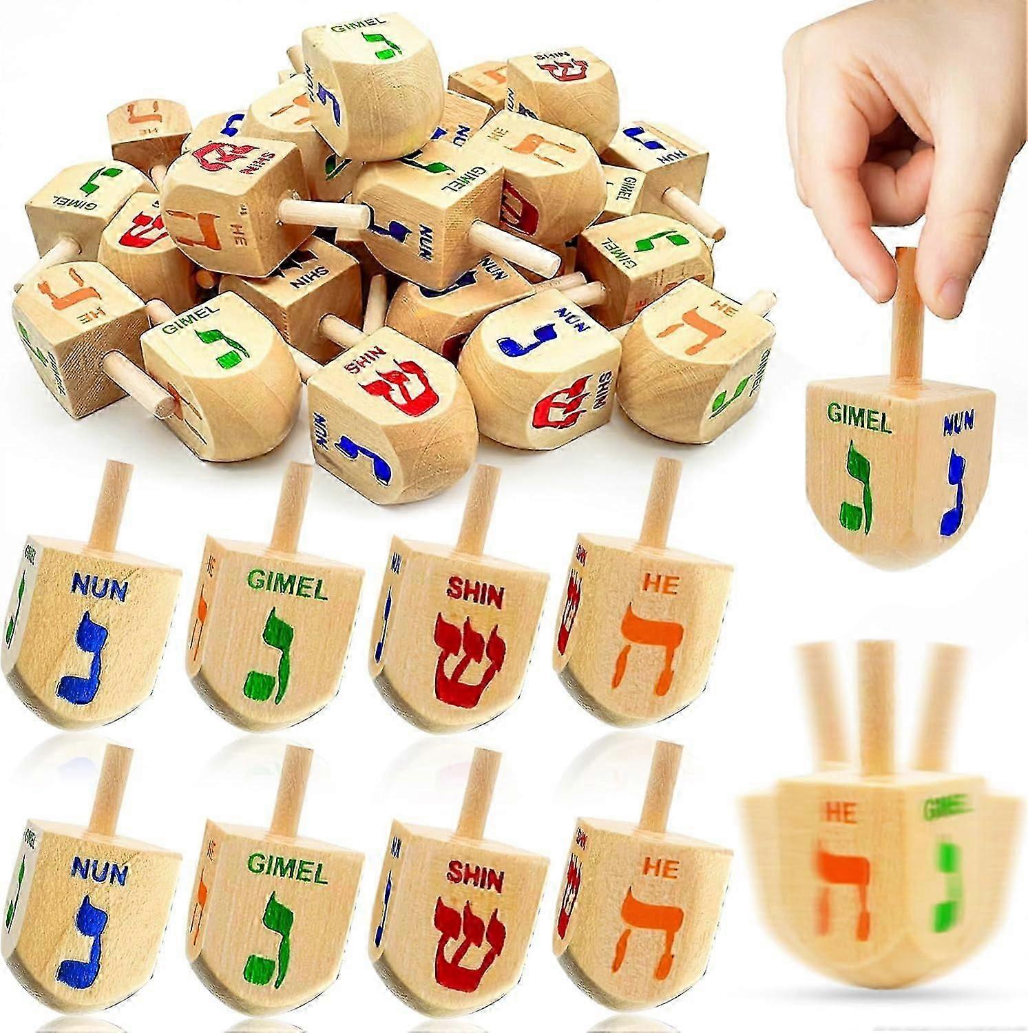30 Pack Wooden Hanukkah Dreidels Games, Hanukkah Gifts Colorful Hebrew Letters Spinning Tops Toys DIY Painted Wood Dreidel