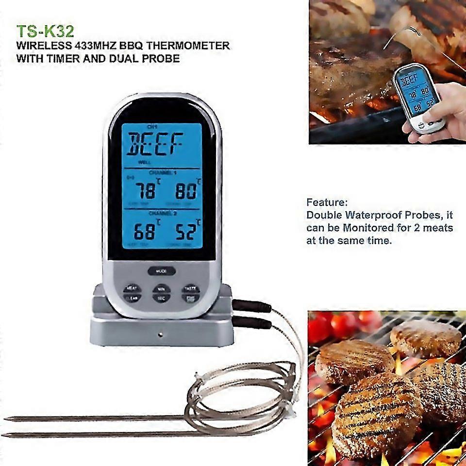 For Double Probes Wireless Digital Kitchen Thermometer Lcd Display Temperature Timer Alarm For Cooki