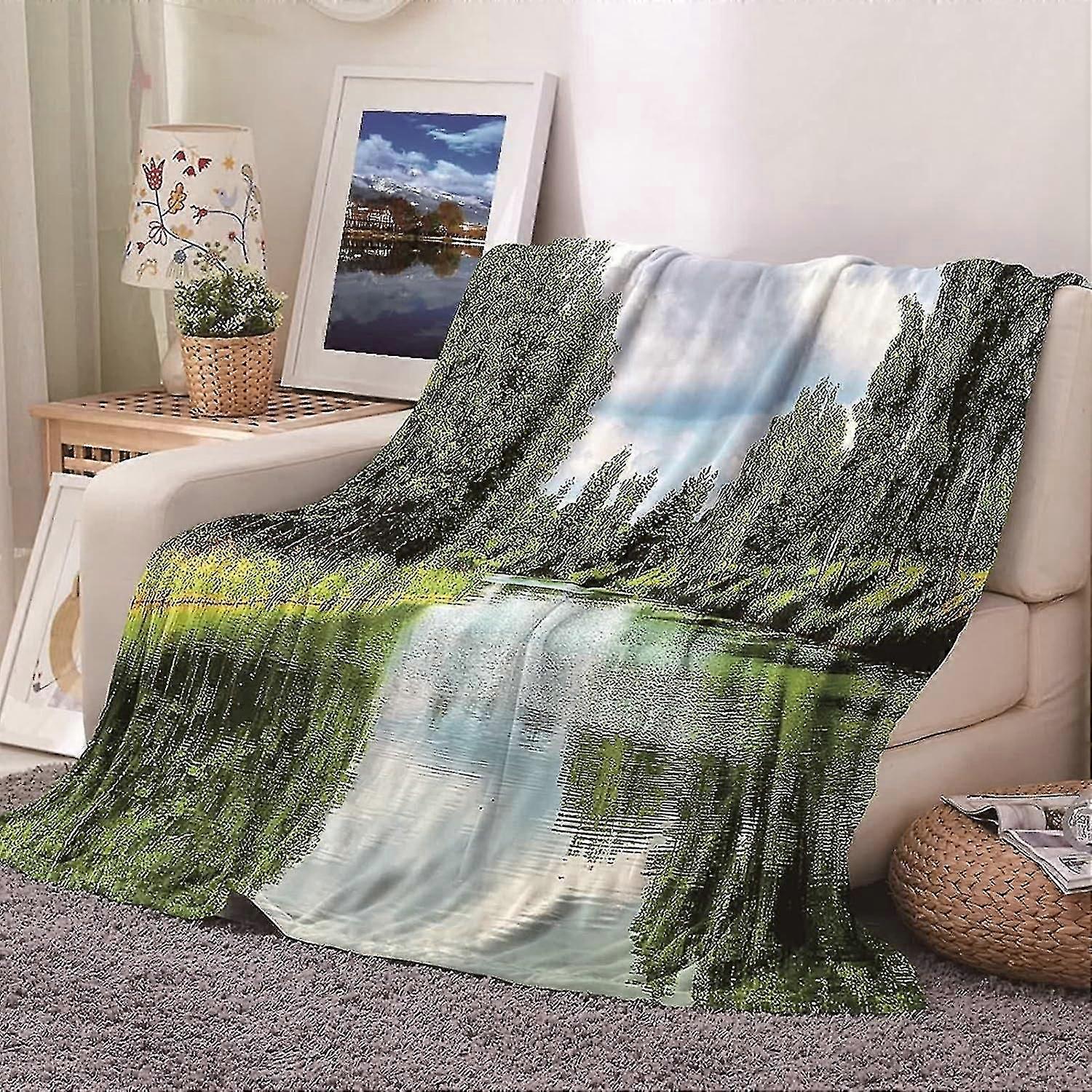 Cobertor grande de flanela, cobertor macio com padrão de lago e árvores, verde e azul, 100x150 cm, cobertor