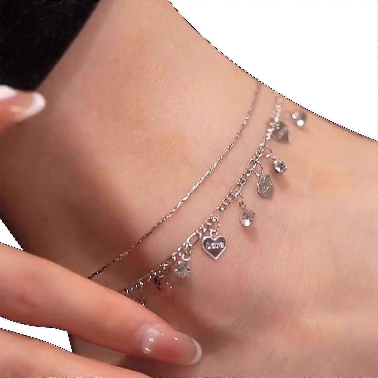 Adjustable Heart Anklet with Double Layer Rhinestones in Gold/Silver Color