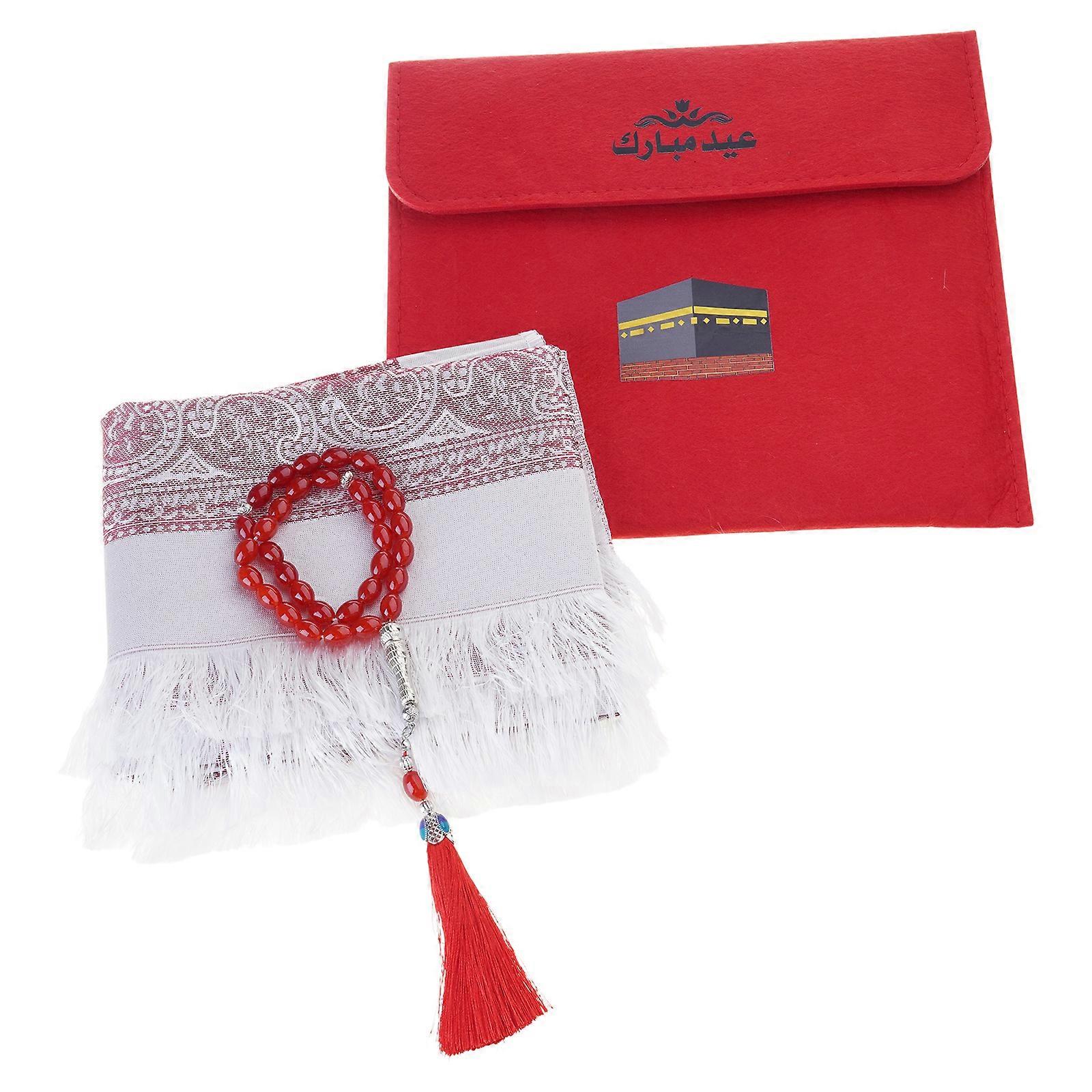Islamischer Gebetsteppich mit Gebetsperlen und Storege Bag Set perfekt für zu Hause Moschee oder Reise weich und langlebig Rot