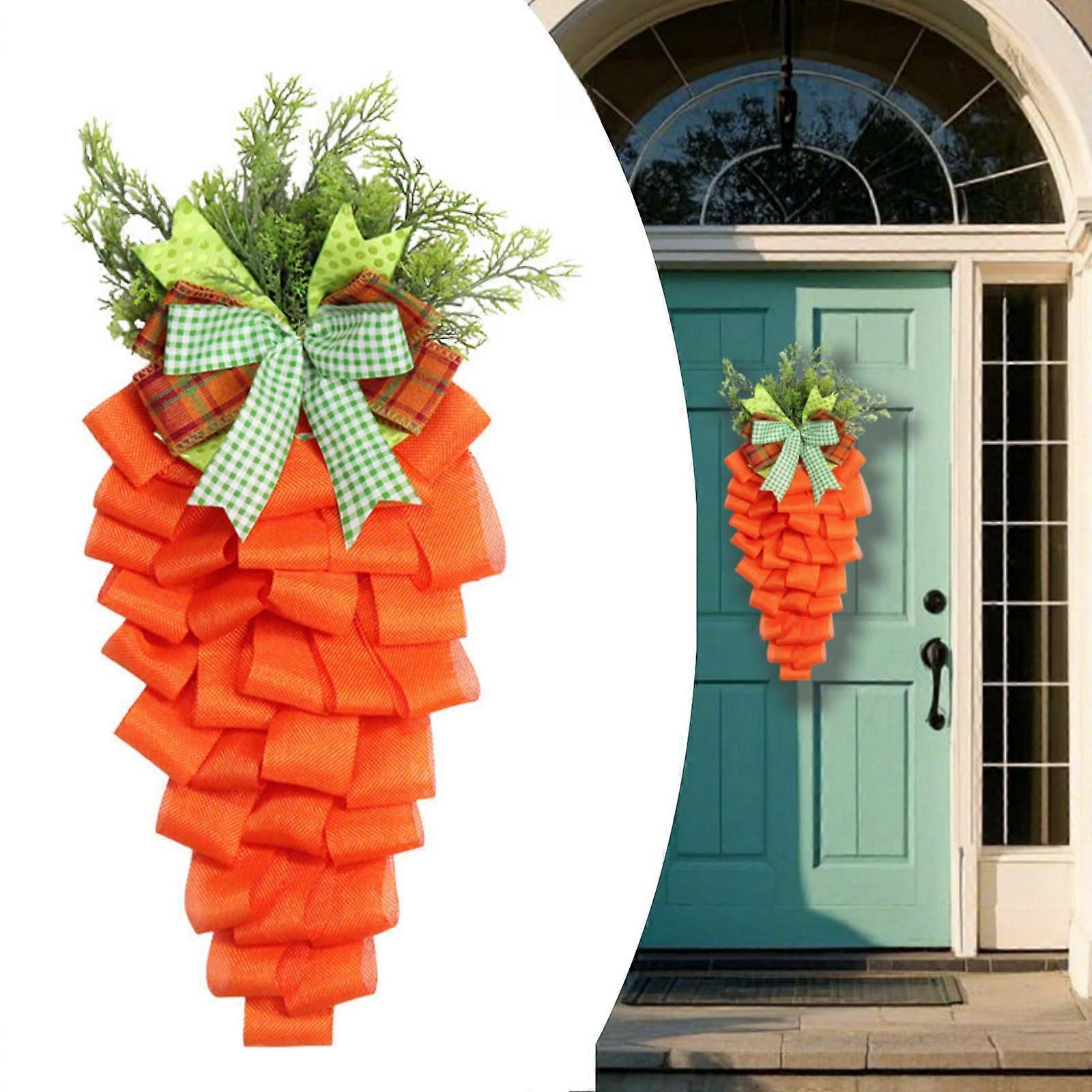 Easter Carrot Wreath for Front Door with Bow and Eucalyptus Leaves, Spring Teardrop Swag Home Decoration