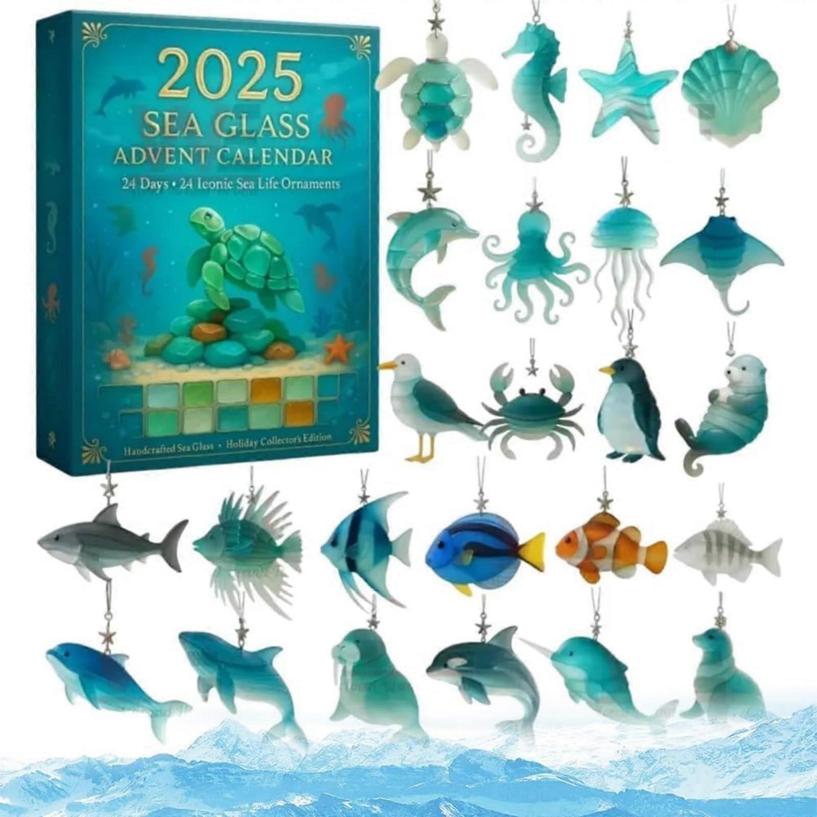 Sea Glass Ocean Advent Calendar 2025 with 24 Handcrafted Marine Ornaments for Beach Lovers