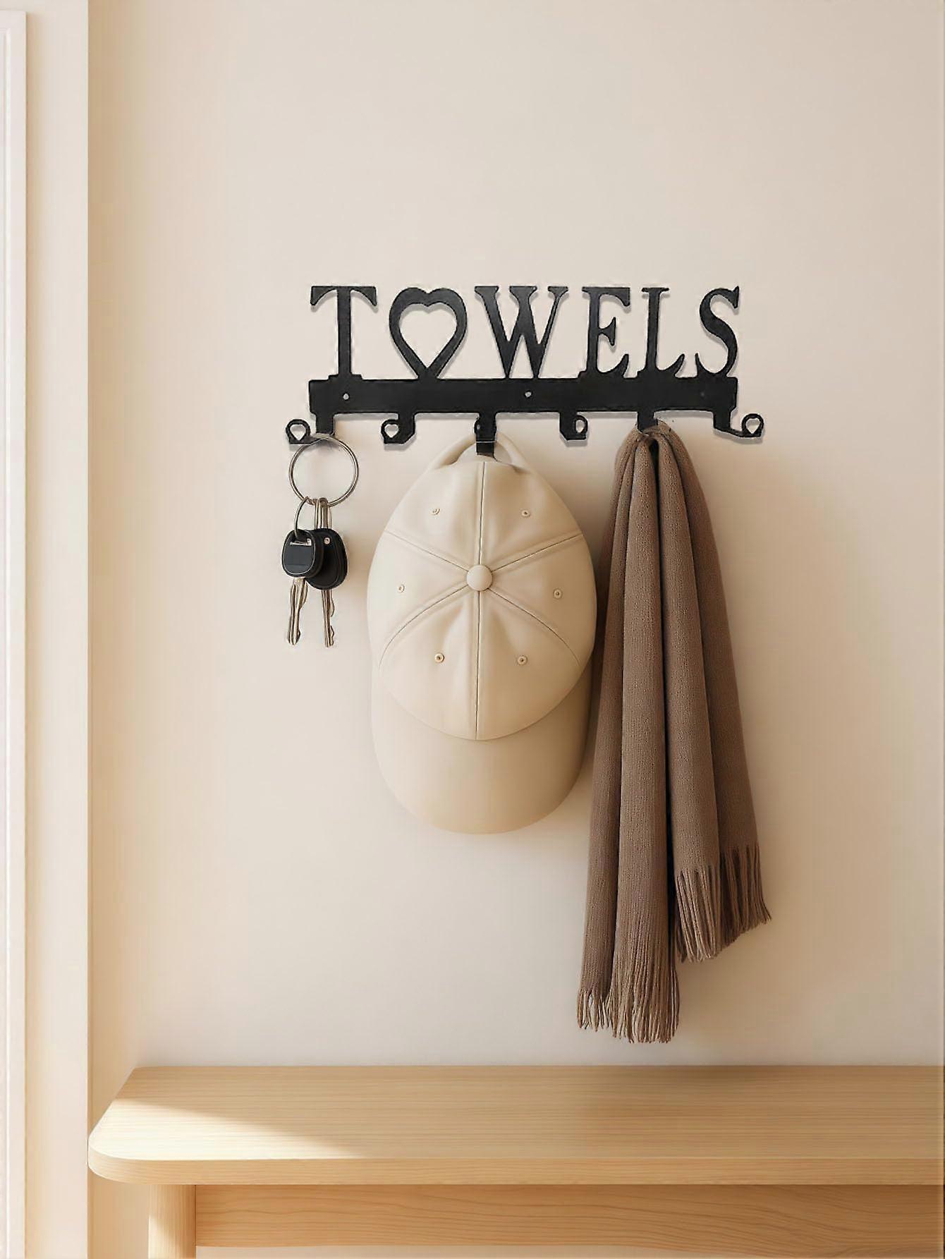 Black Metal Wall Mounted Towel Rack with 5 Double Hooks, Decorative Space Saving Bathroom Hanger
