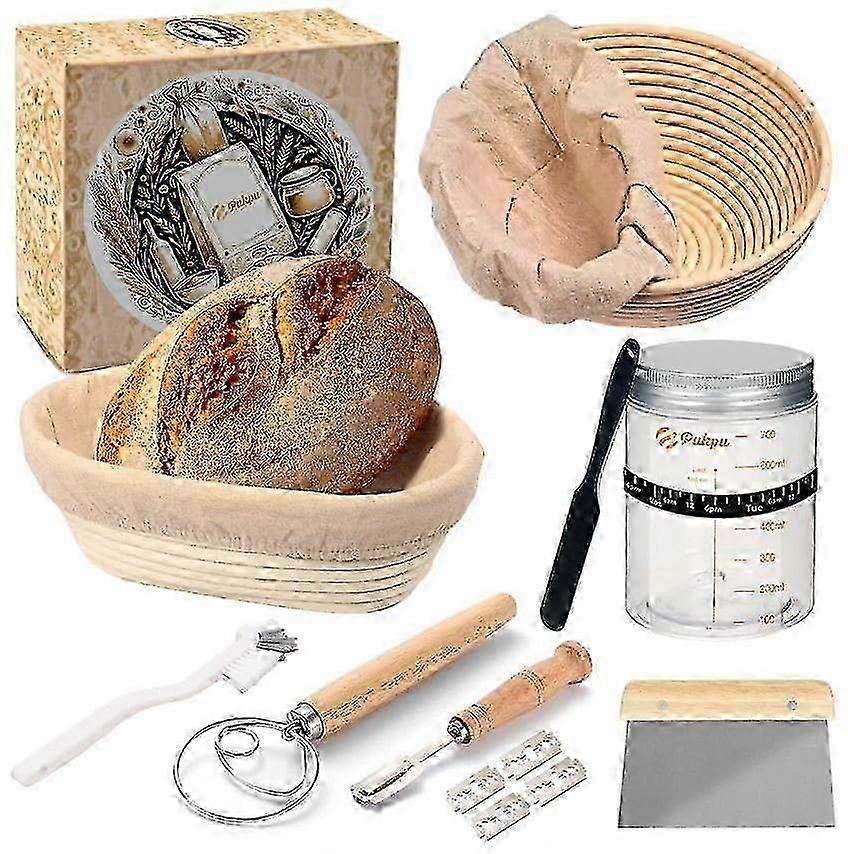 Bread Baking Set 8-Piece with Proofing Baskets, Glass Fermentation Container, Dough Scraper, Whisk, Knife and Brush for Sourdough 25-26