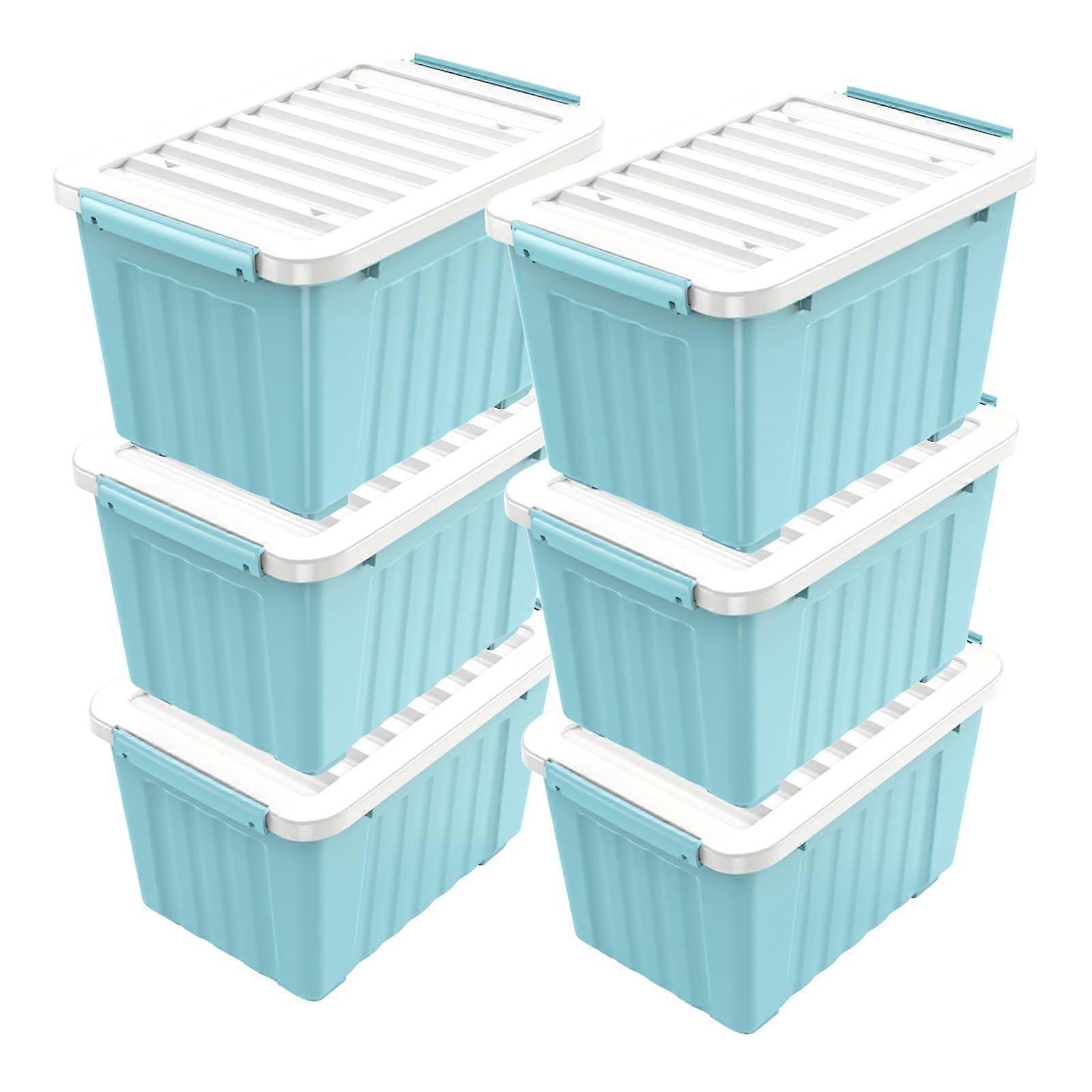 97 Quart Large Plastic Storage Bins with Lids, Stackable Containers with Secure Buckles, 6 Pack Blue