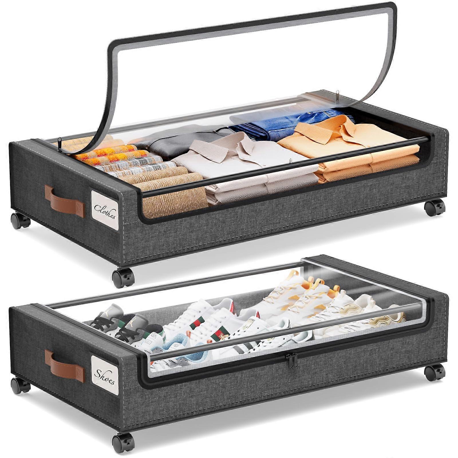 Under Bed Storage with Wheels 2 Pack Large Capacity Rolling Bins with Clear Window for Clothes and Shoes