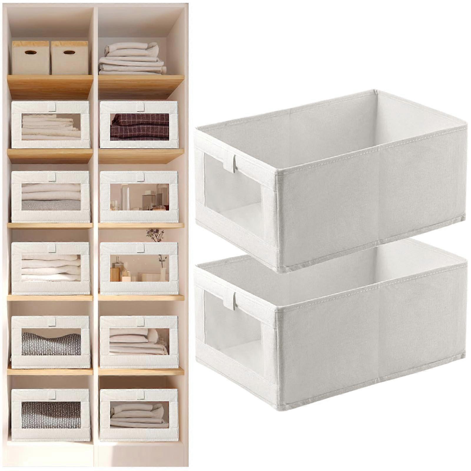 Closet Storage Bins with Clear Mesh Window, Foldable Linen Organizer Baskets for Clothes, Towels, Toys, Beige 2 Pack
