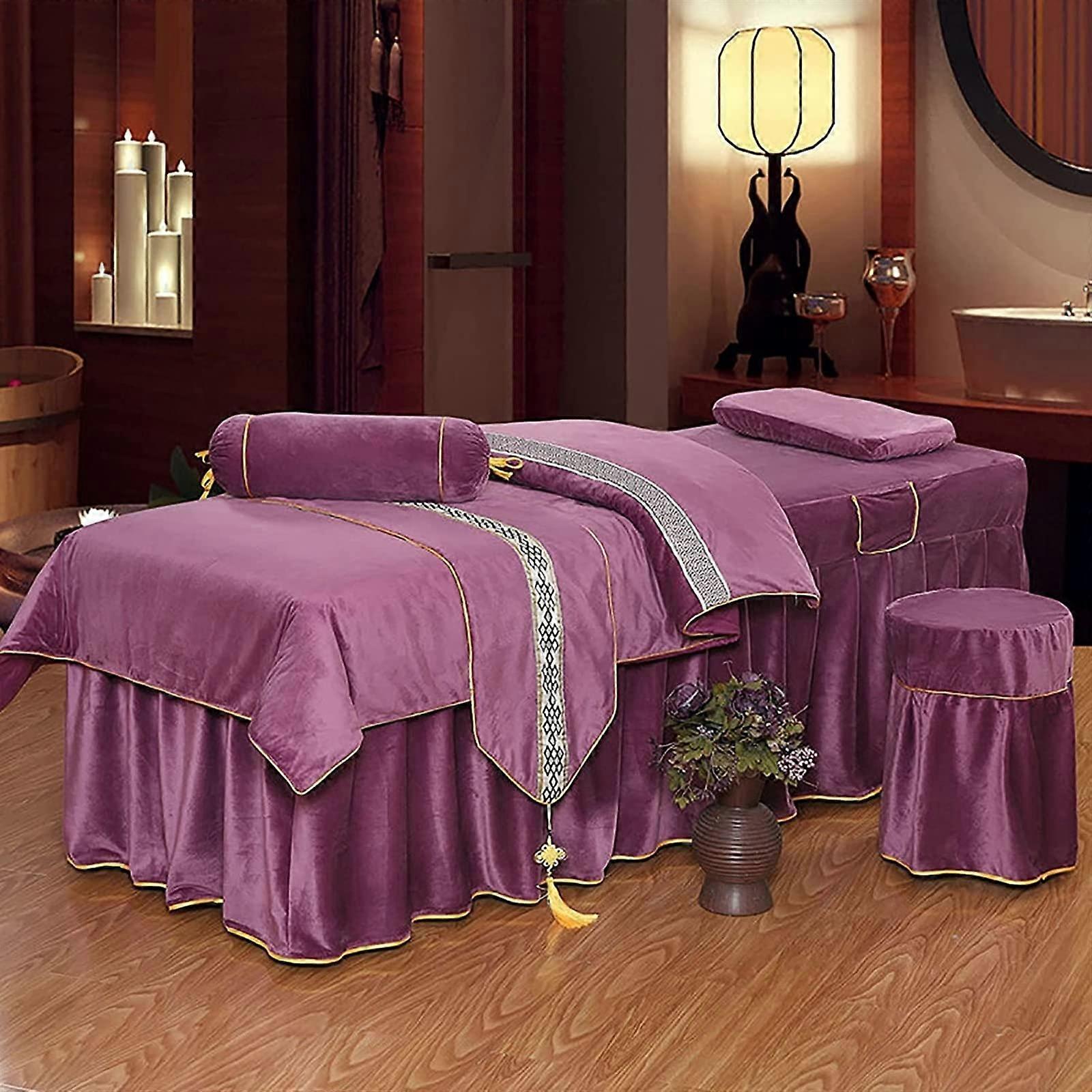 Massage Table Sheet Set Flannel Soft 4Piece Purple Spa Bed Linen 190x70cm Full Coverage