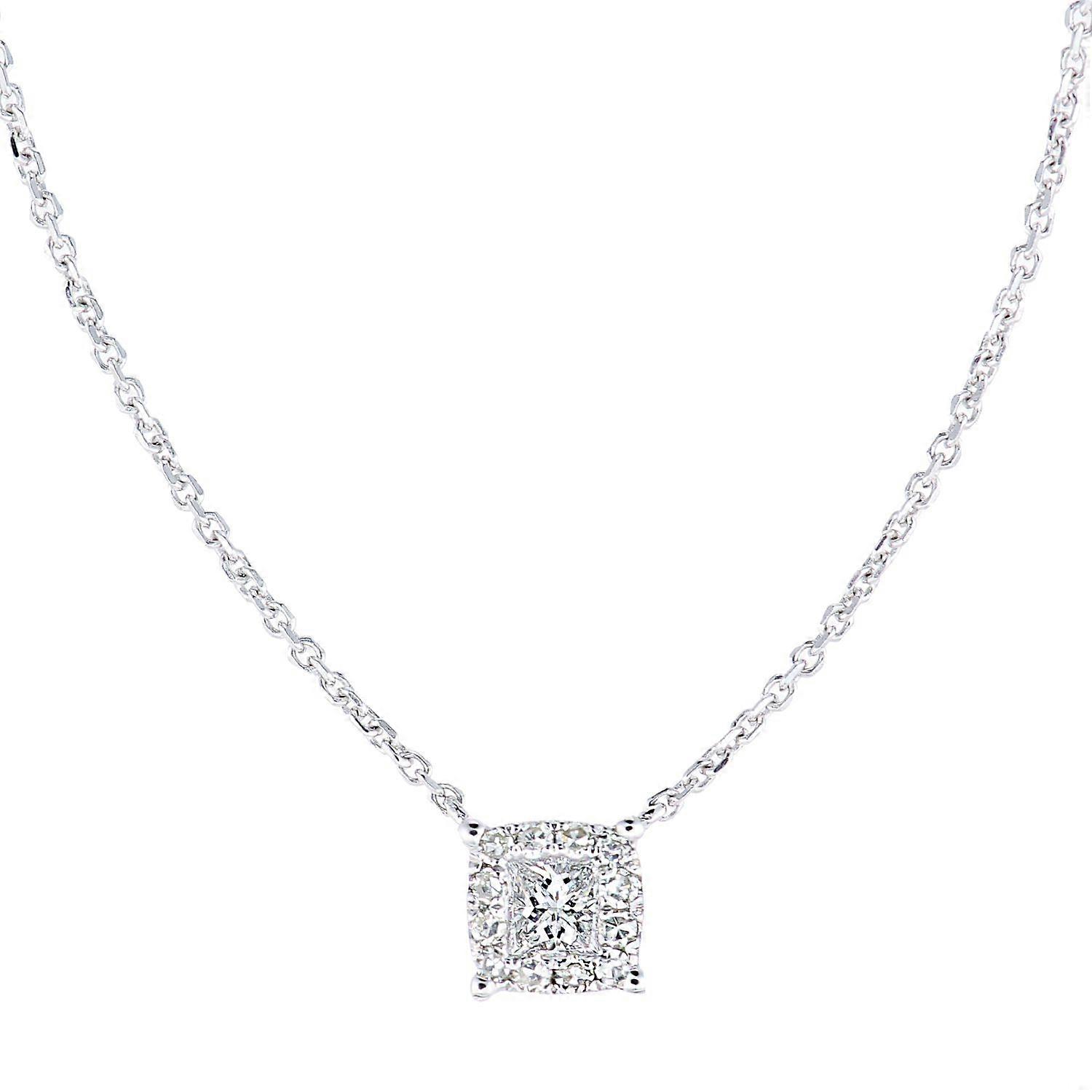 Jewelco London 9ct White Gold Princess 12pts Diamond Halo Solitaire Necklace 18 inch 46cm